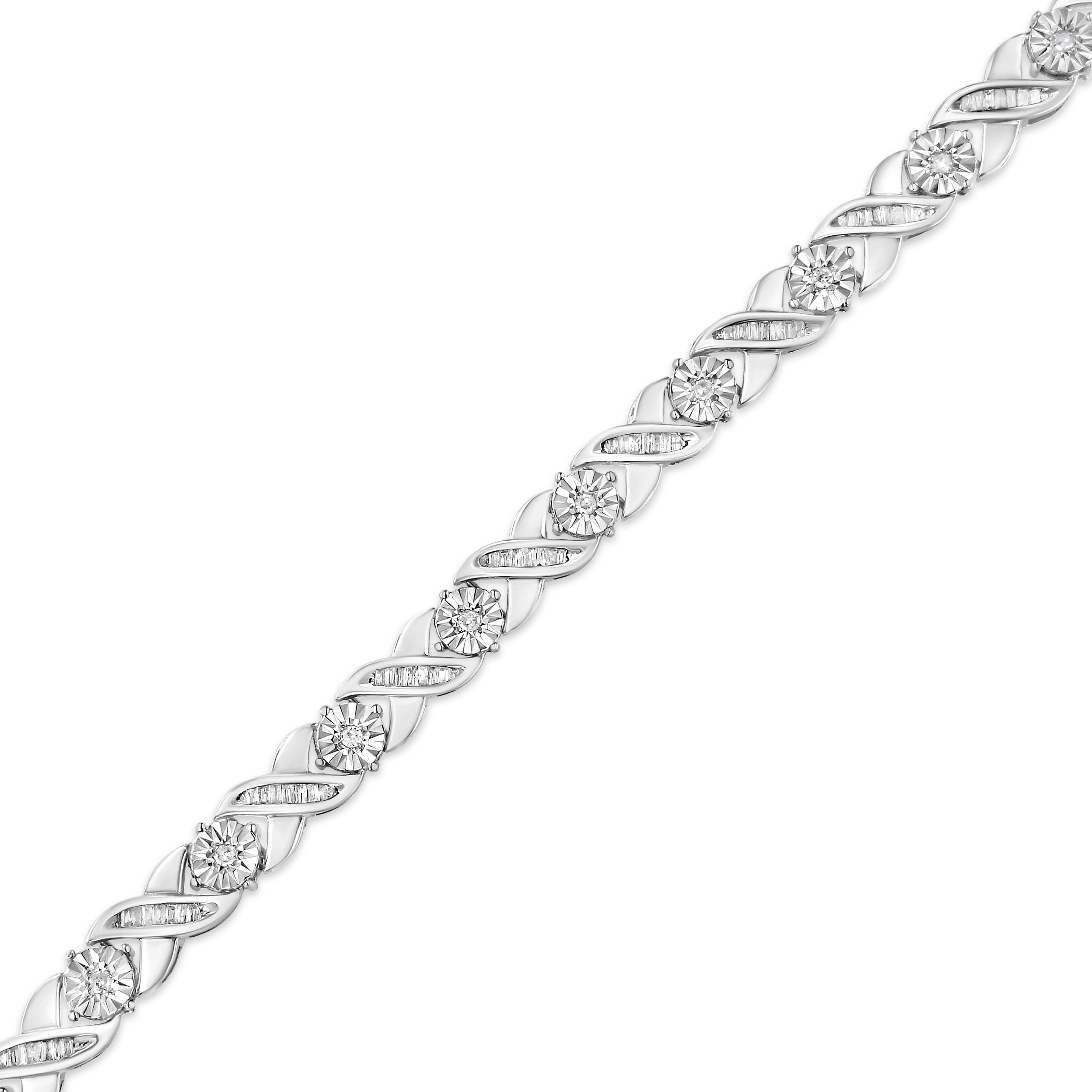 .925 Sterling Silver 1.0 Cttw Round-Brilliant and Baguette Cut Diamond Miracle-Set X-Link 7" Tennis Bracelet (I-J Color, I2-I3 Clarity) - Image 9