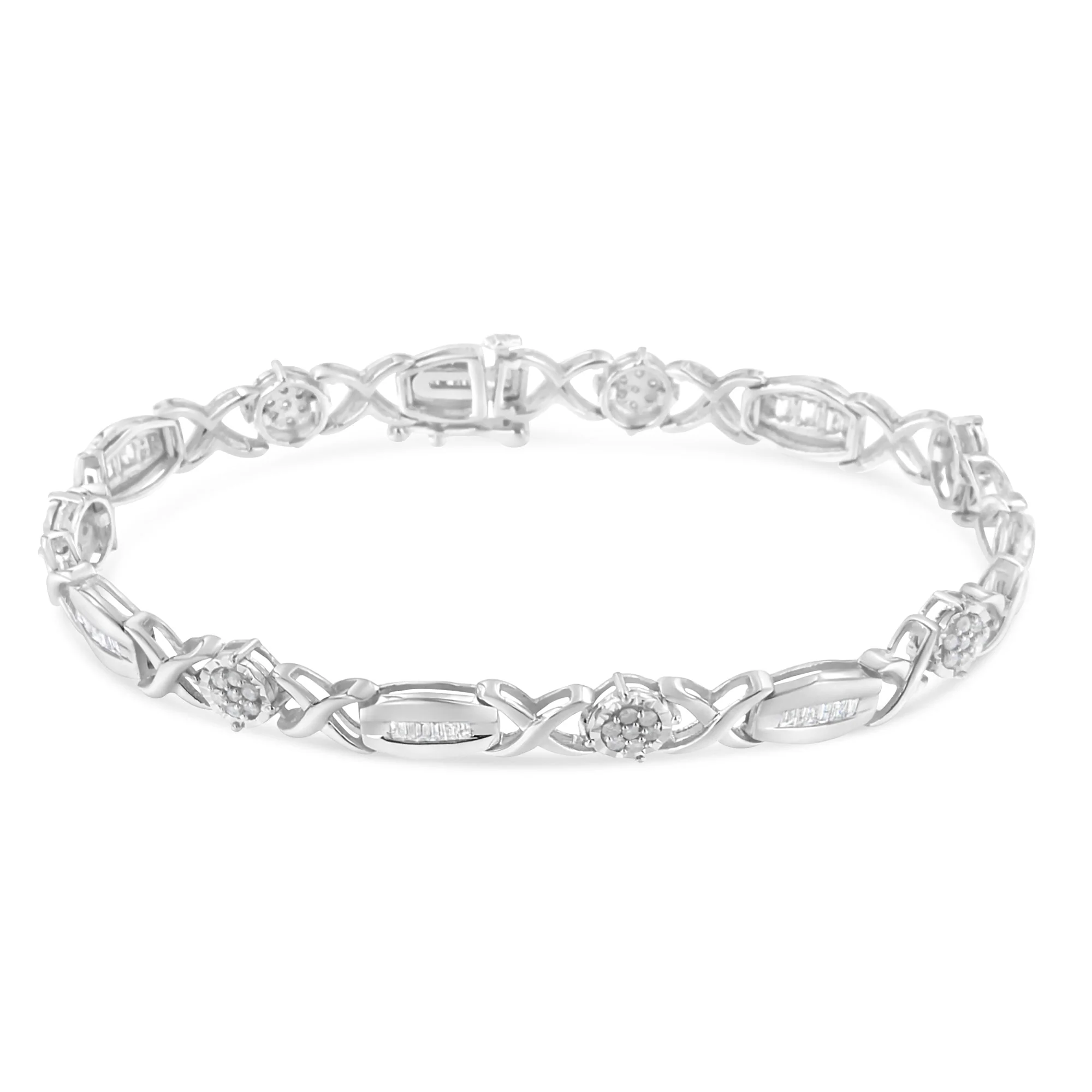 .925 Sterling Silver 1.0 Cttw Round-Cut and Baguette-Cut Diamond X-Link Bracelet (I-J Color, I1-I2 Clarity) - 7" - Image 2