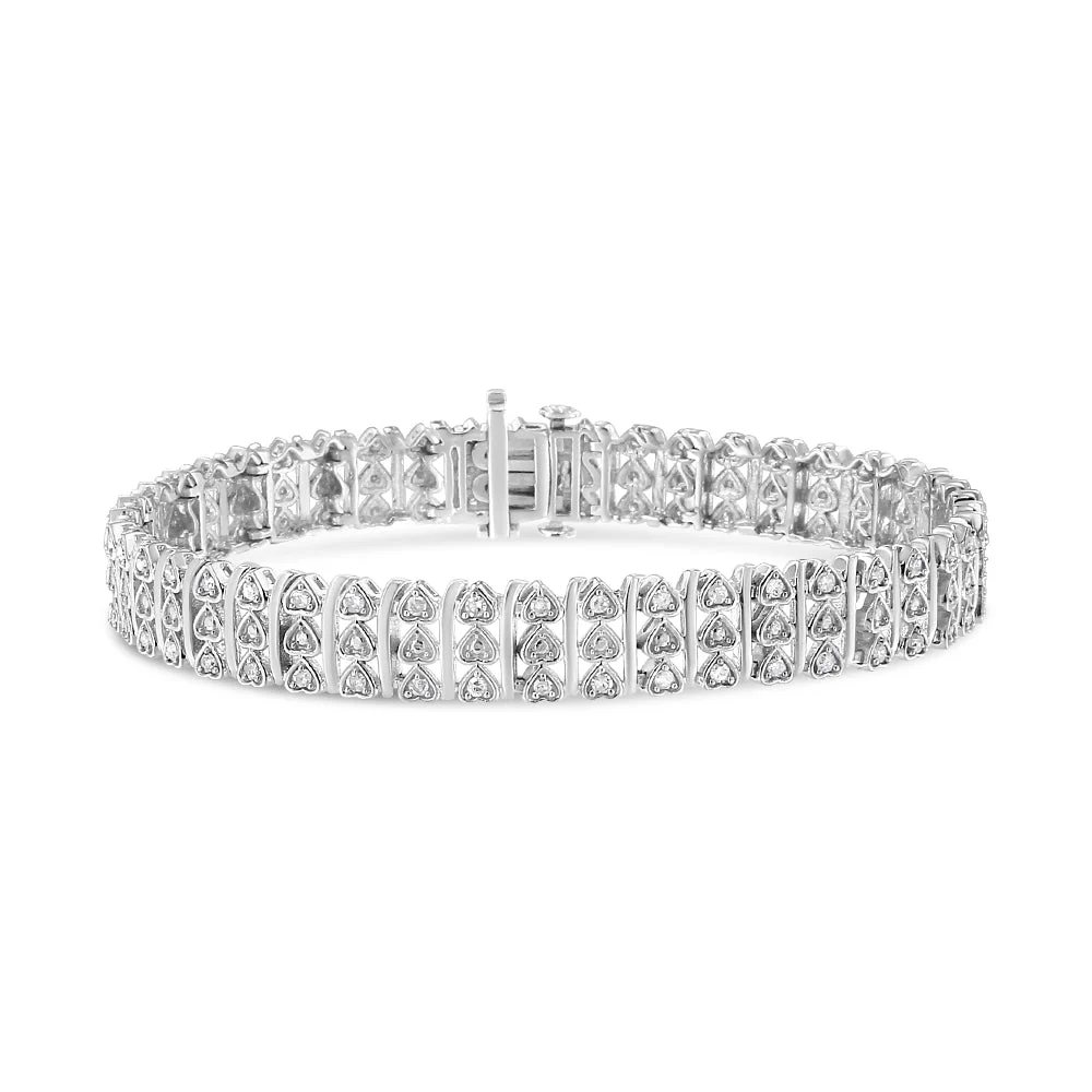 .925 Sterling Silver 1.00 Cttw Diamond Multi Row Heart Link Bracelet (H-I Color, I1-I2 Clarity) - 7.25" Inches - Image 2