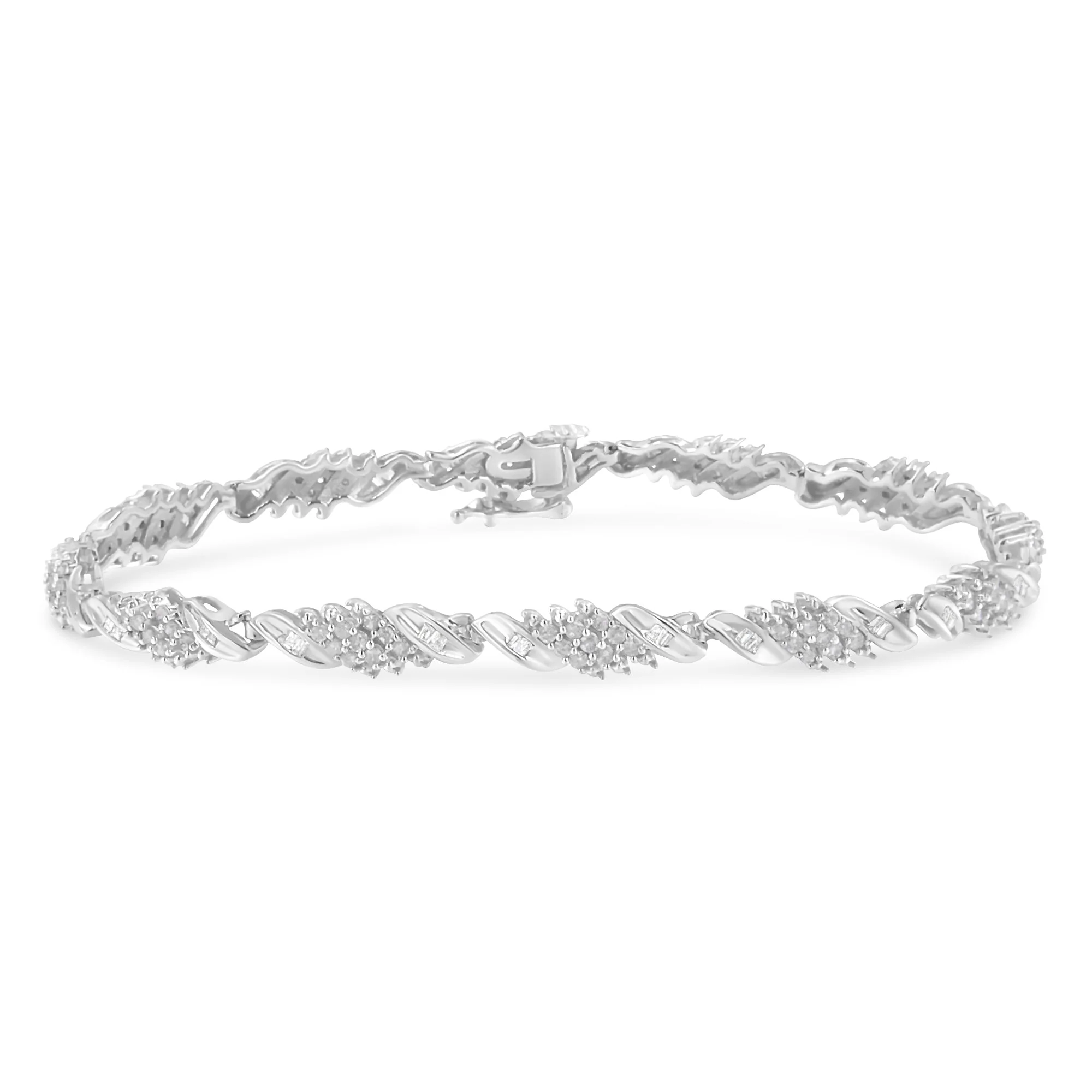 .925 Sterling Silver 1-1/2 Cttw Round and Baguette Cut Diamond Wave Link Bracelet (I-J Color, I2-I3 Clarity) - 7"