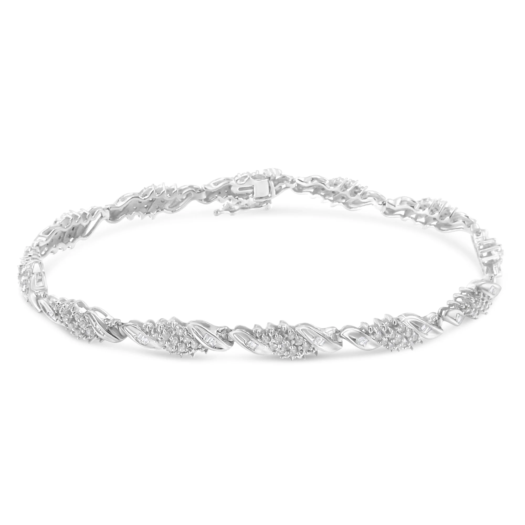 .925 Sterling Silver 1-1/2 Cttw Round and Baguette Cut Diamond Wave Link Bracelet (I-J Color, I2-I3 Clarity) - 7" - Image 7