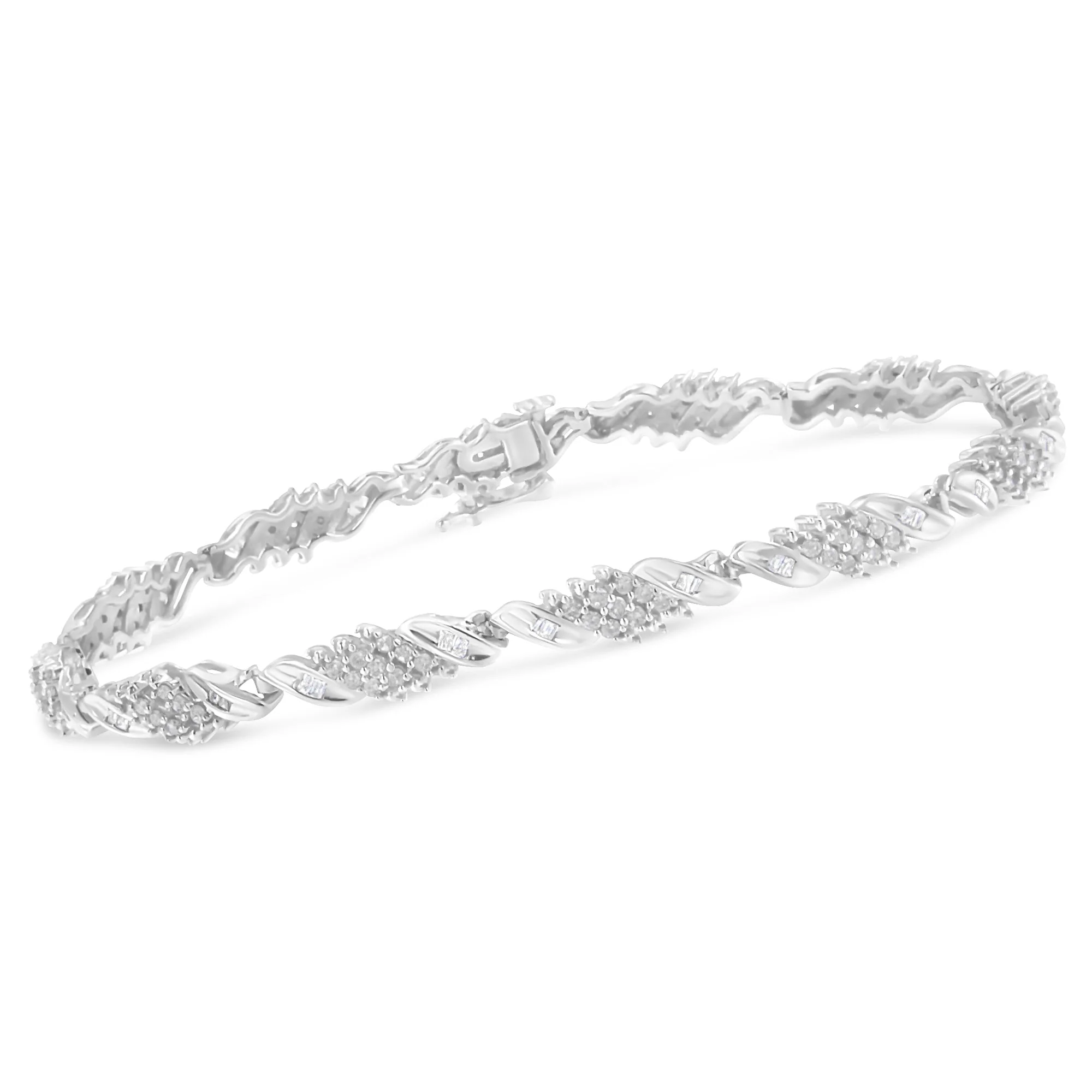 .925 Sterling Silver 1-1/2 Cttw Round and Baguette Cut Diamond Wave Link Bracelet (I-J Color, I2-I3 Clarity) - 7" - Image 8