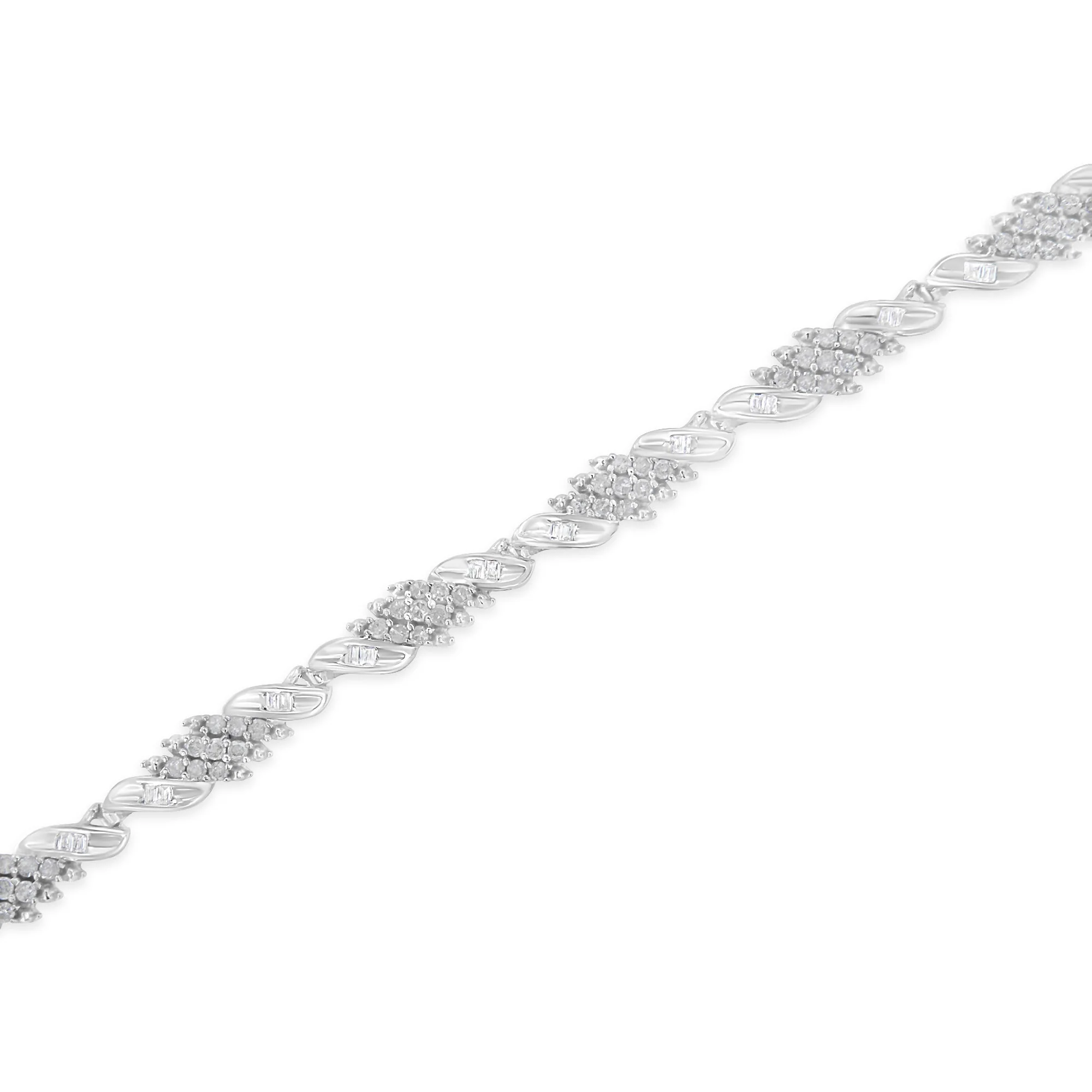 .925 Sterling Silver 1-1/2 Cttw Round and Baguette Cut Diamond Wave Link Bracelet (I-J Color, I2-I3 Clarity) - 7" - Image 9