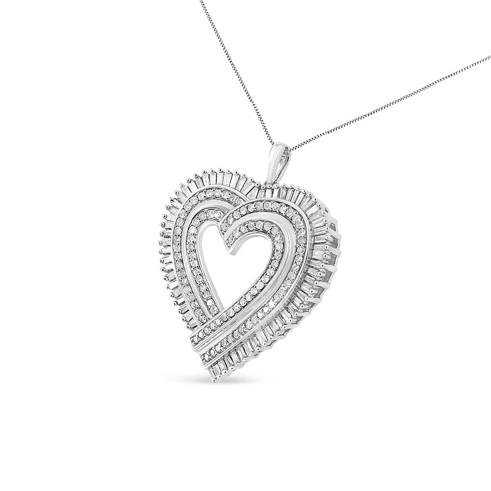 .925 Sterling Silver 1 1/4 Cttw Round and Baguette-Cut Diamond Composite Heart 18" Pendant Necklace (I-J Color, I1-I2 Clarity) - Image 2