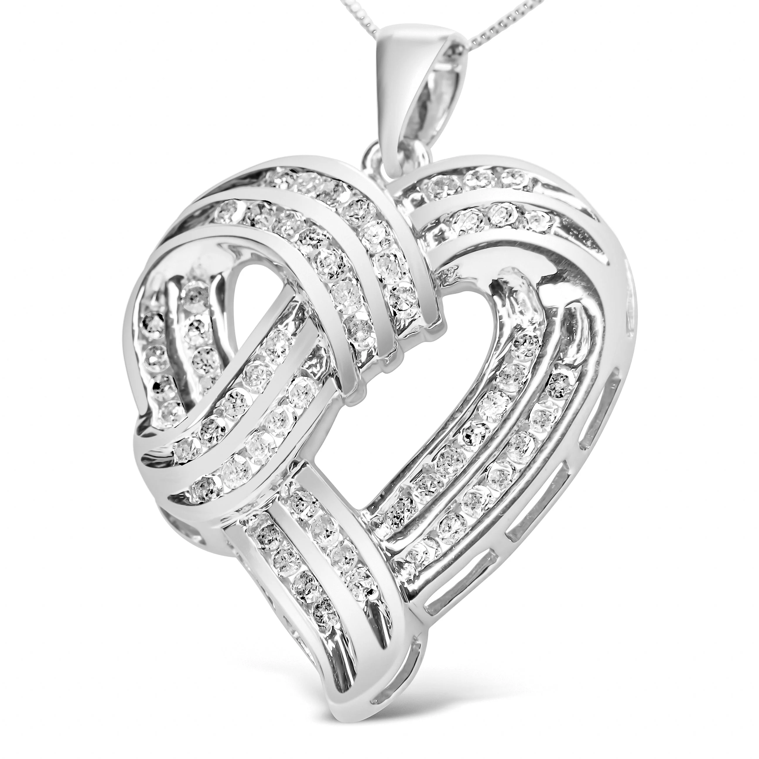 .925 Sterling Silver 1 1/4 Cttw Round Diamond Openwork Ribbon Weave Heart Pendant 18" Necklace (I-J Color, I3 Clarity) - Image 2