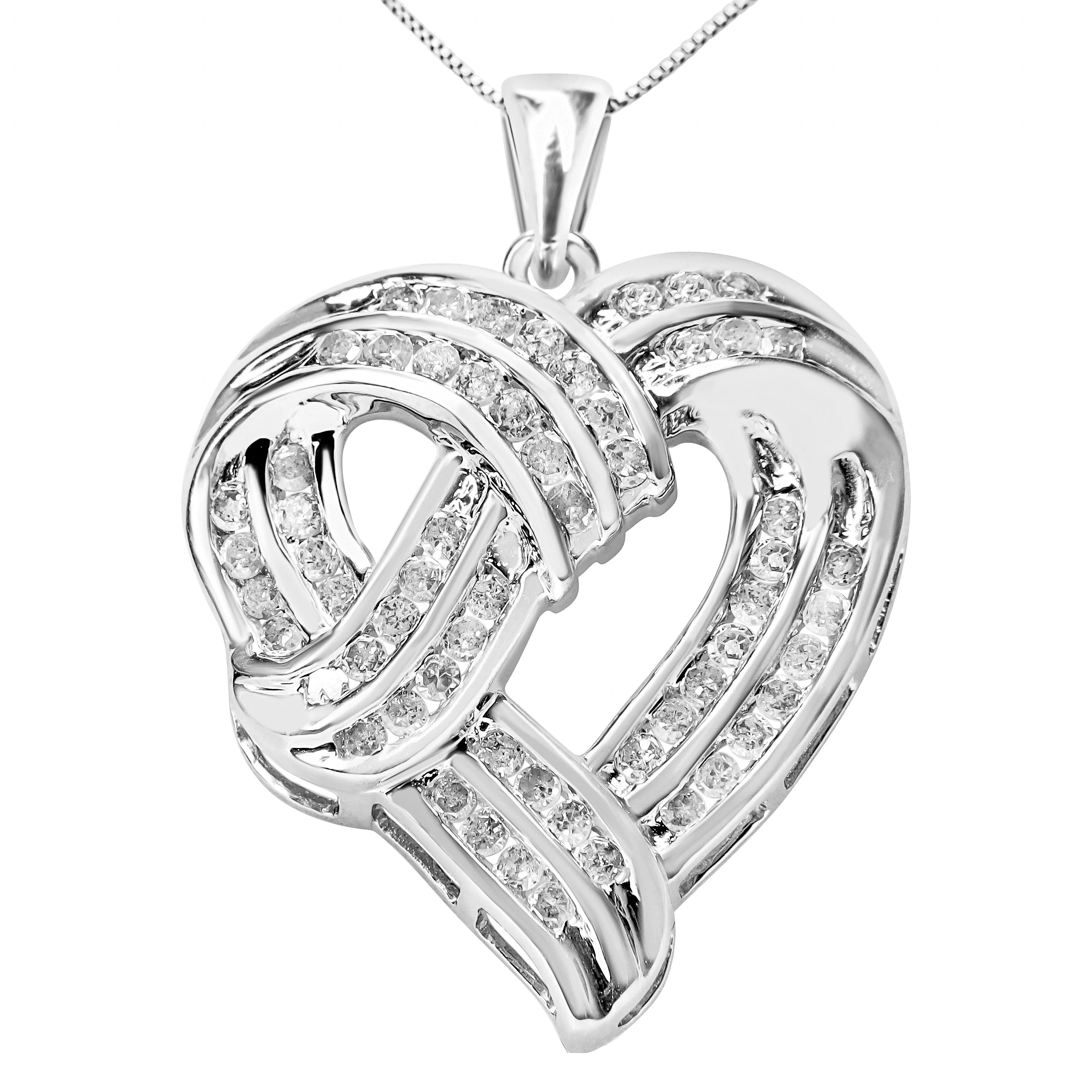 .925 Sterling Silver 1 1/4 Cttw Round Diamond Openwork Ribbon Weave Heart Pendant 18" Necklace (I-J Color, I3 Clarity) - Image 4