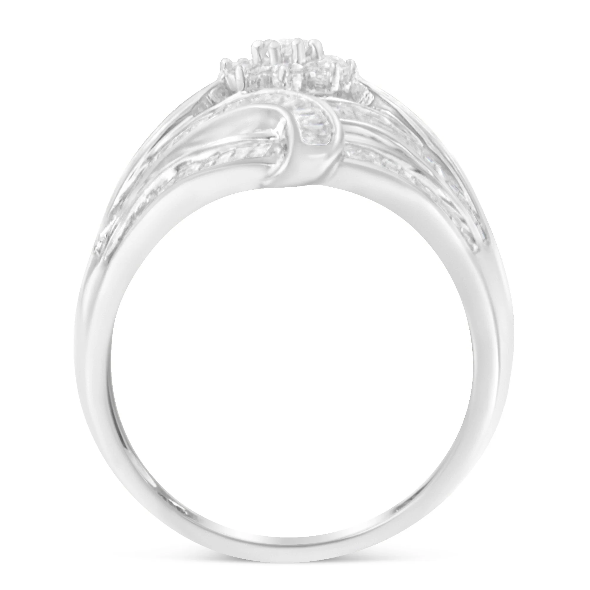 .925 Sterling Silver 1-1/8 Cttw Round & Baguette Diamond 'Flower & Fern' Cluster Cocktail Fashion Ring (I-J Color, I2-I3 Clarity) - Size 6 - Image 2