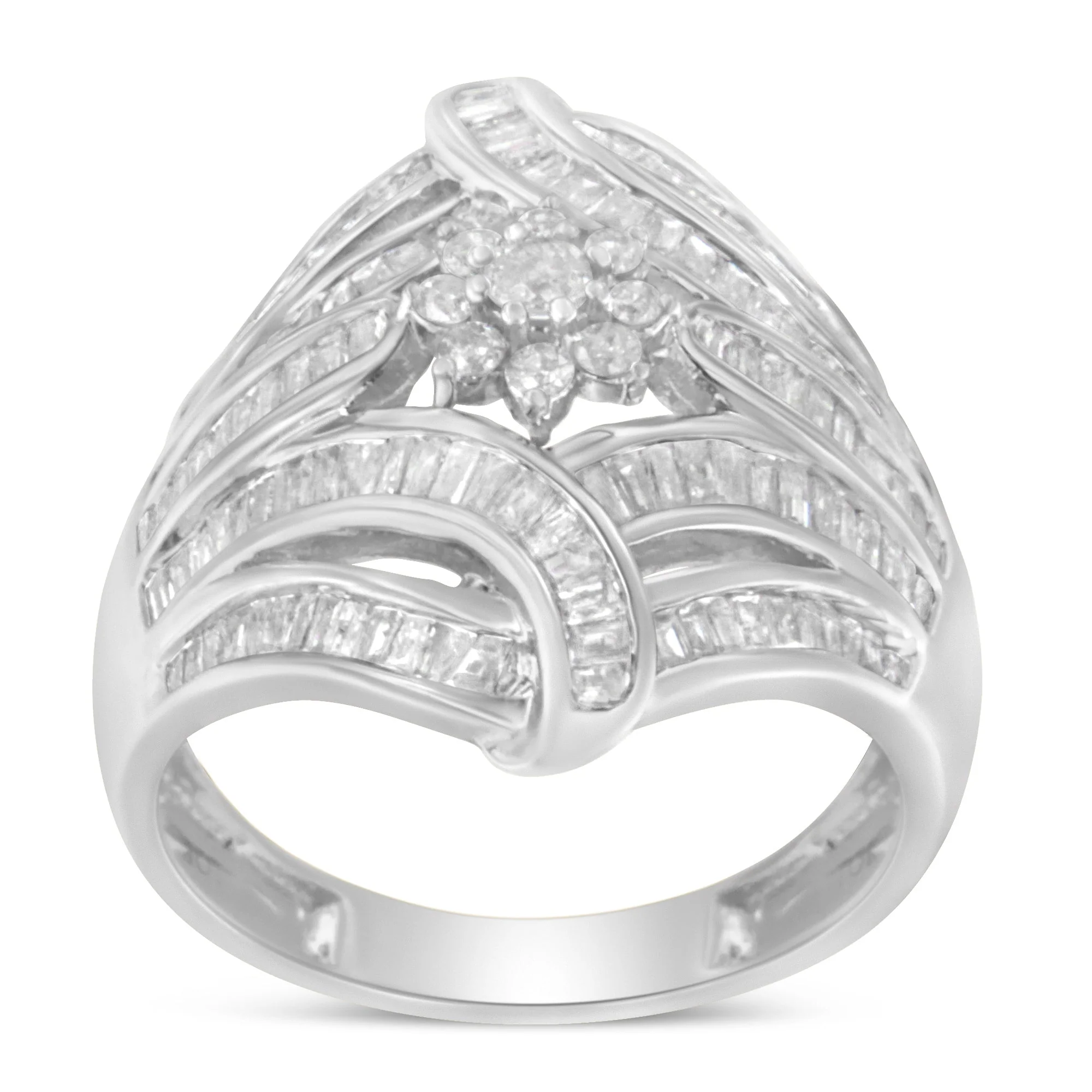 .925 Sterling Silver 1-1/8 Cttw Round & Baguette Diamond 'Flower & Fern' Cluster Cocktail Fashion Ring (I-J Color, I2-I3 Clarity) - Size 6 - Image 4