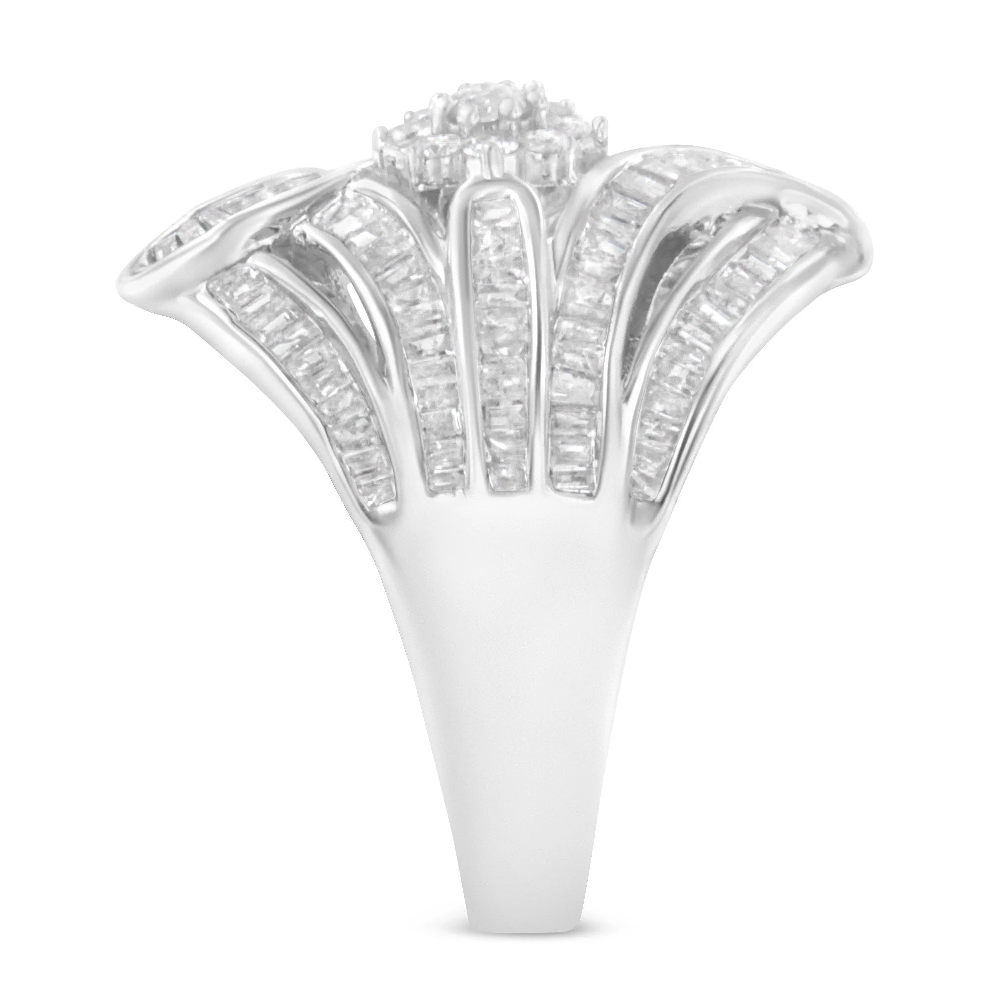 .925 Sterling Silver 1-1/8 Cttw Round & Baguette Diamond 'Flower & Fern' Cluster Cocktail Fashion Ring (I-J Color, I2-I3 Clarity) - Size 6 - Image 5