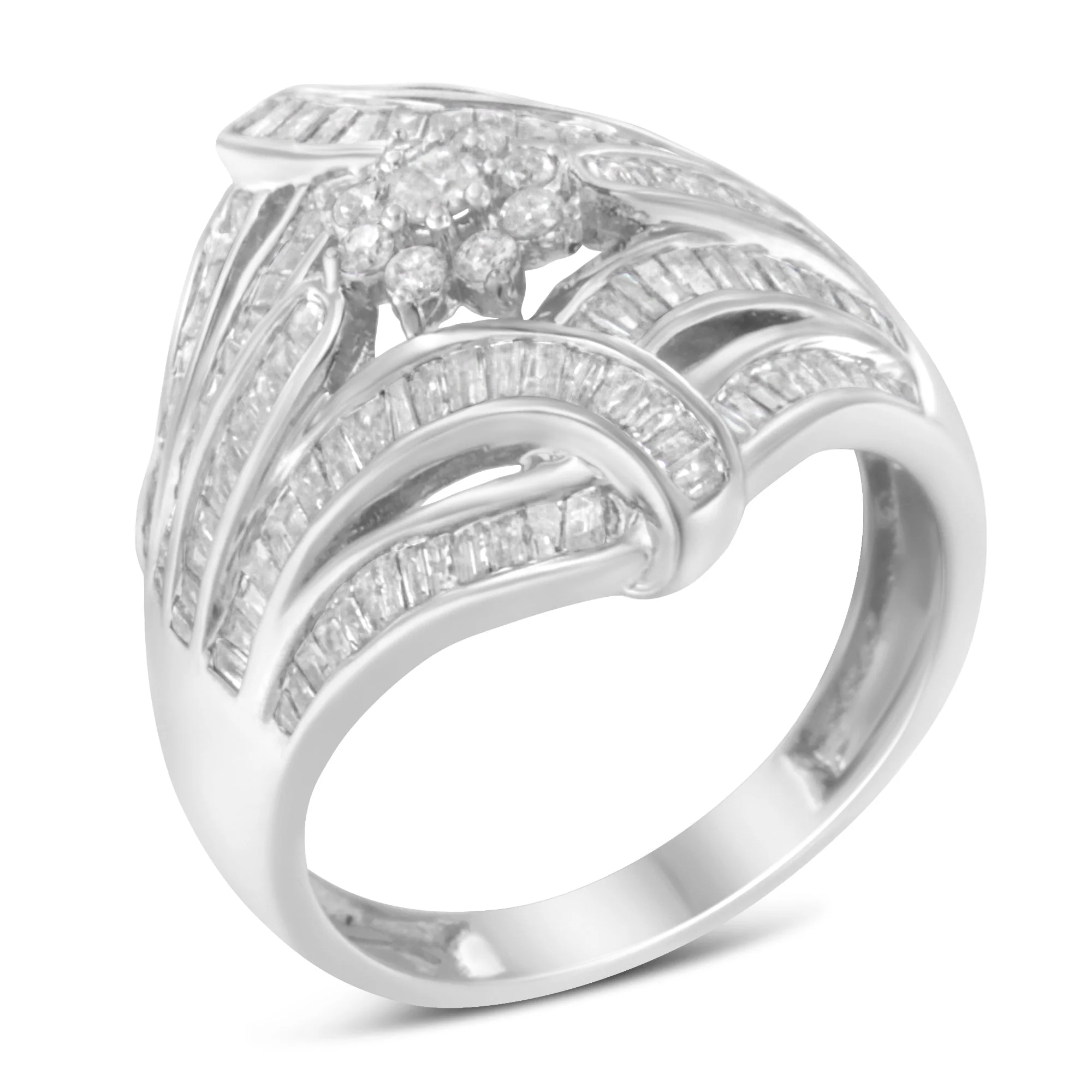 .925 Sterling Silver 1-1/8 Cttw Round & Baguette Diamond 'Flower & Fern' Cluster Cocktail Fashion Ring (I-J Color, I2-I3 Clarity) - Size 6 - Image 6