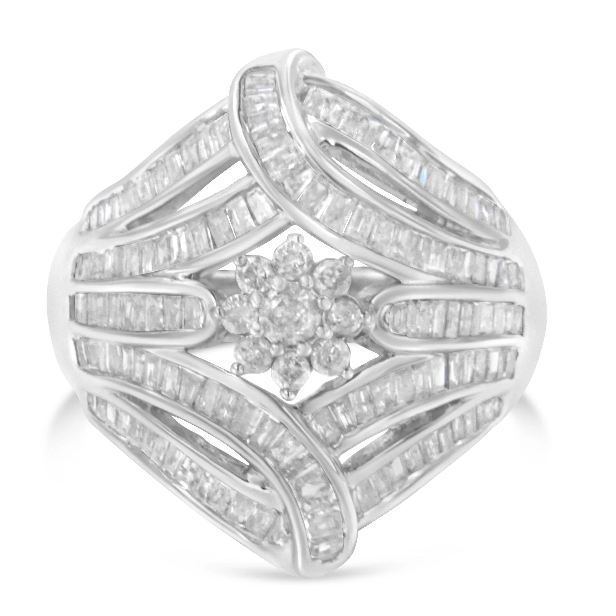 .925 Sterling Silver 1-1/8 Cttw Round & Baguette Diamond 'Flower & Fern' Cluster Cocktail Fashion Ring (I-J Color, I2-I3 Clarity) - Size 6 - Image 8