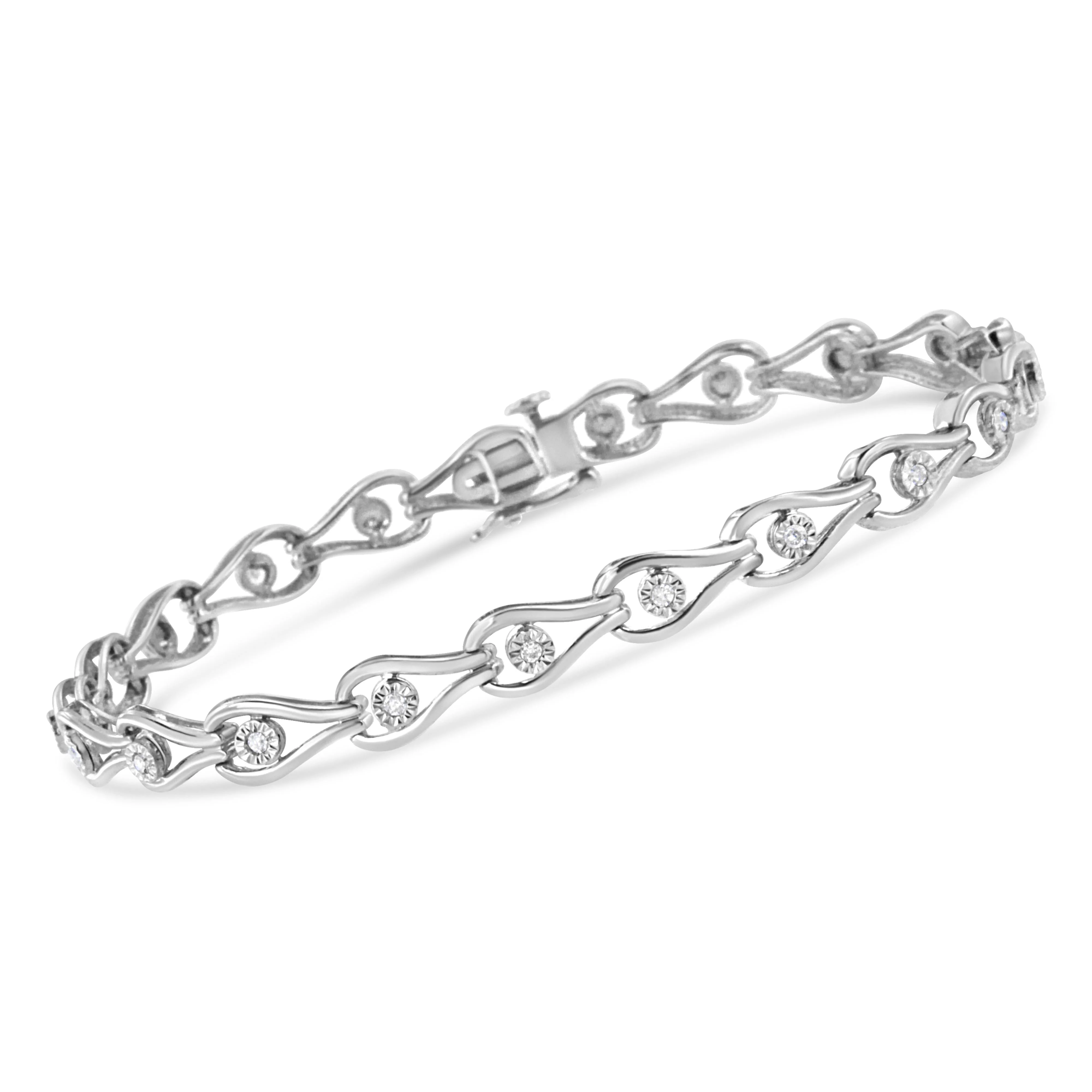 .925 Sterling Silver 1/10 Cttw Miracle-Set Diamond Pear Shape and Bezel Link Bracelet (I-J Color, I3 Clarity) - 7.25" - Image 2