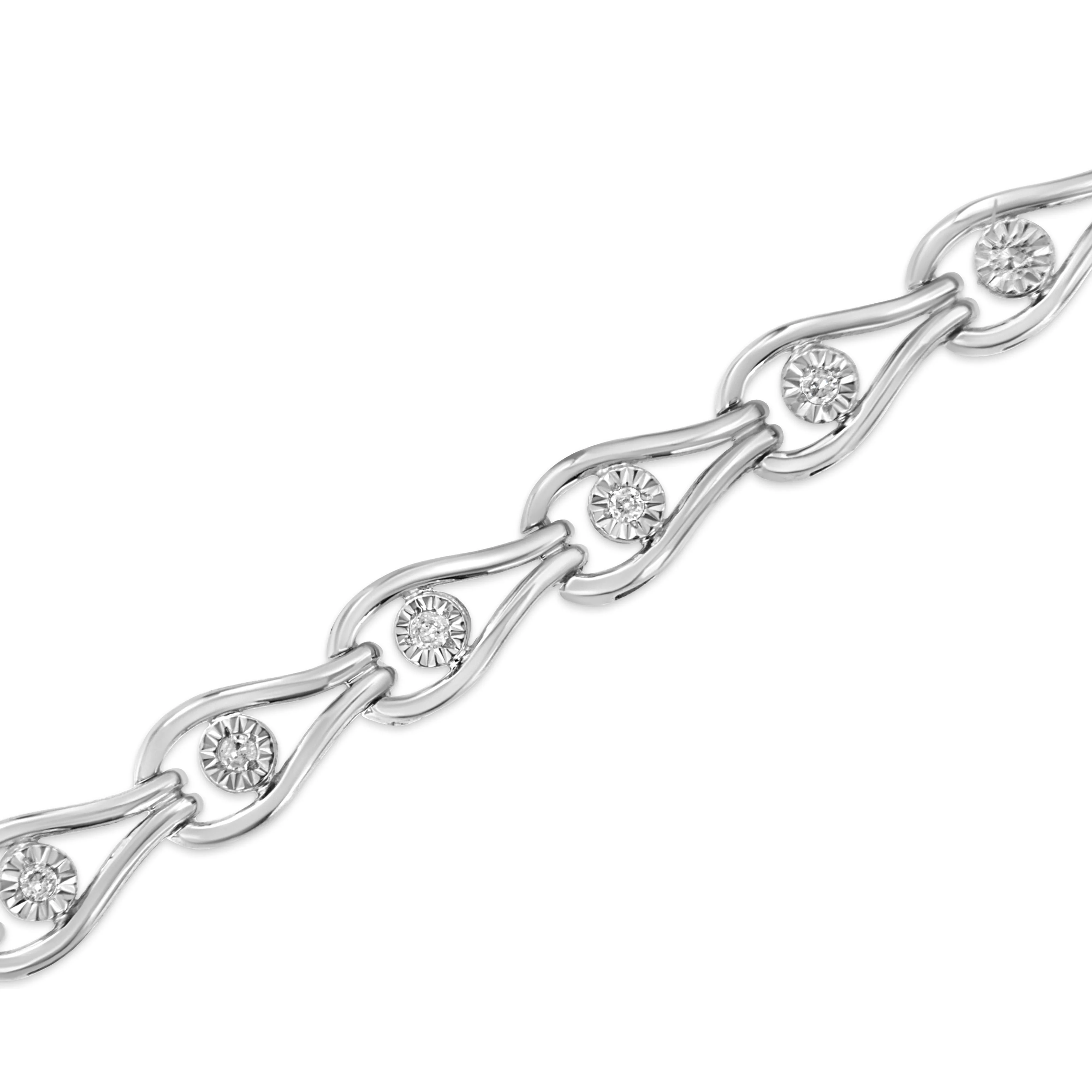 .925 Sterling Silver 1/10 Cttw Miracle-Set Diamond Pear Shape and Bezel Link Bracelet (I-J Color, I3 Clarity) - 7.25" - Image 4