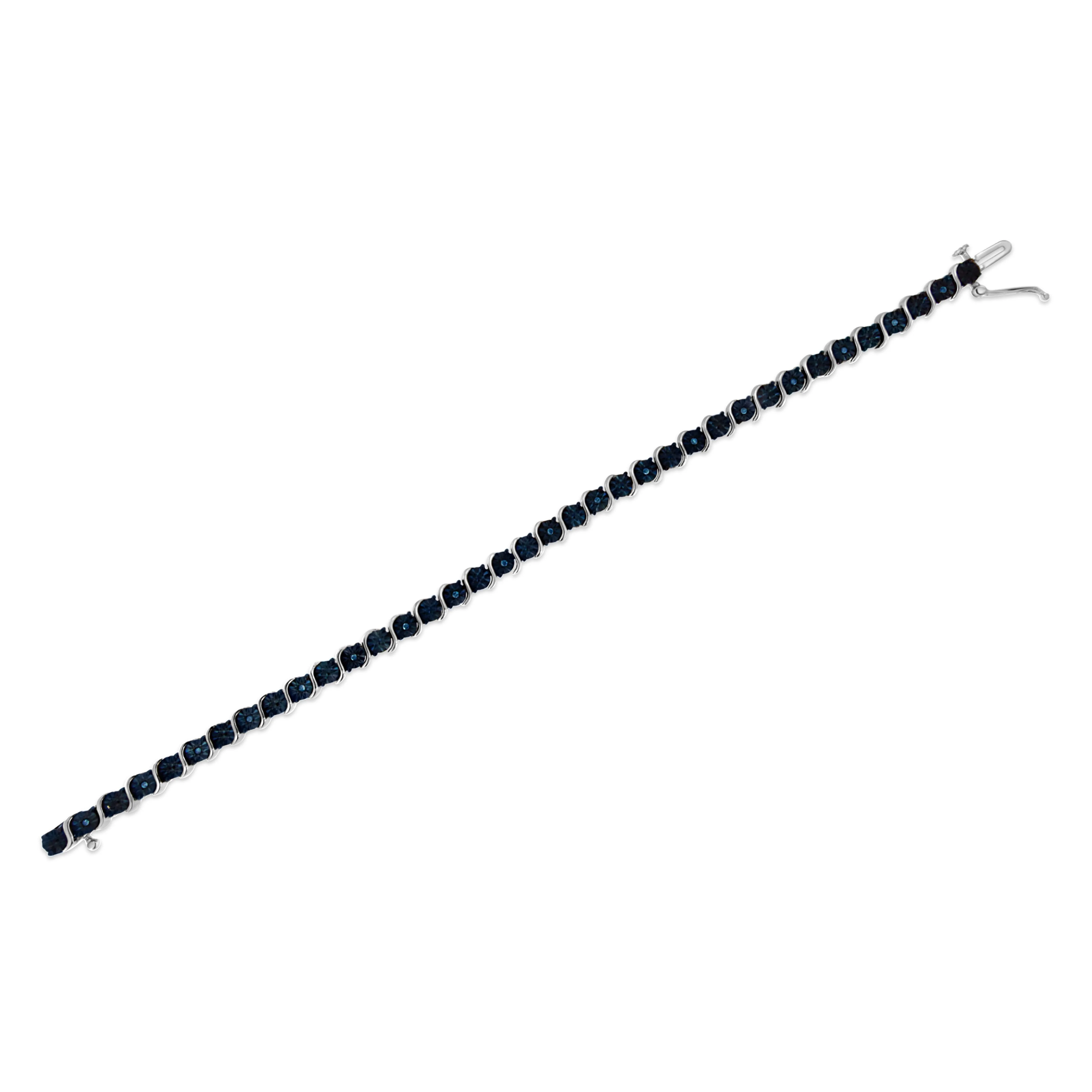 .925 Sterling Silver 1/10 Cttw Miracle-Set Treated Blue Color Diamond Miracle Plate "S" Link Tennis Bracelet (Blue Color, I2- I3 Clarity) - 7.25" - Image 10