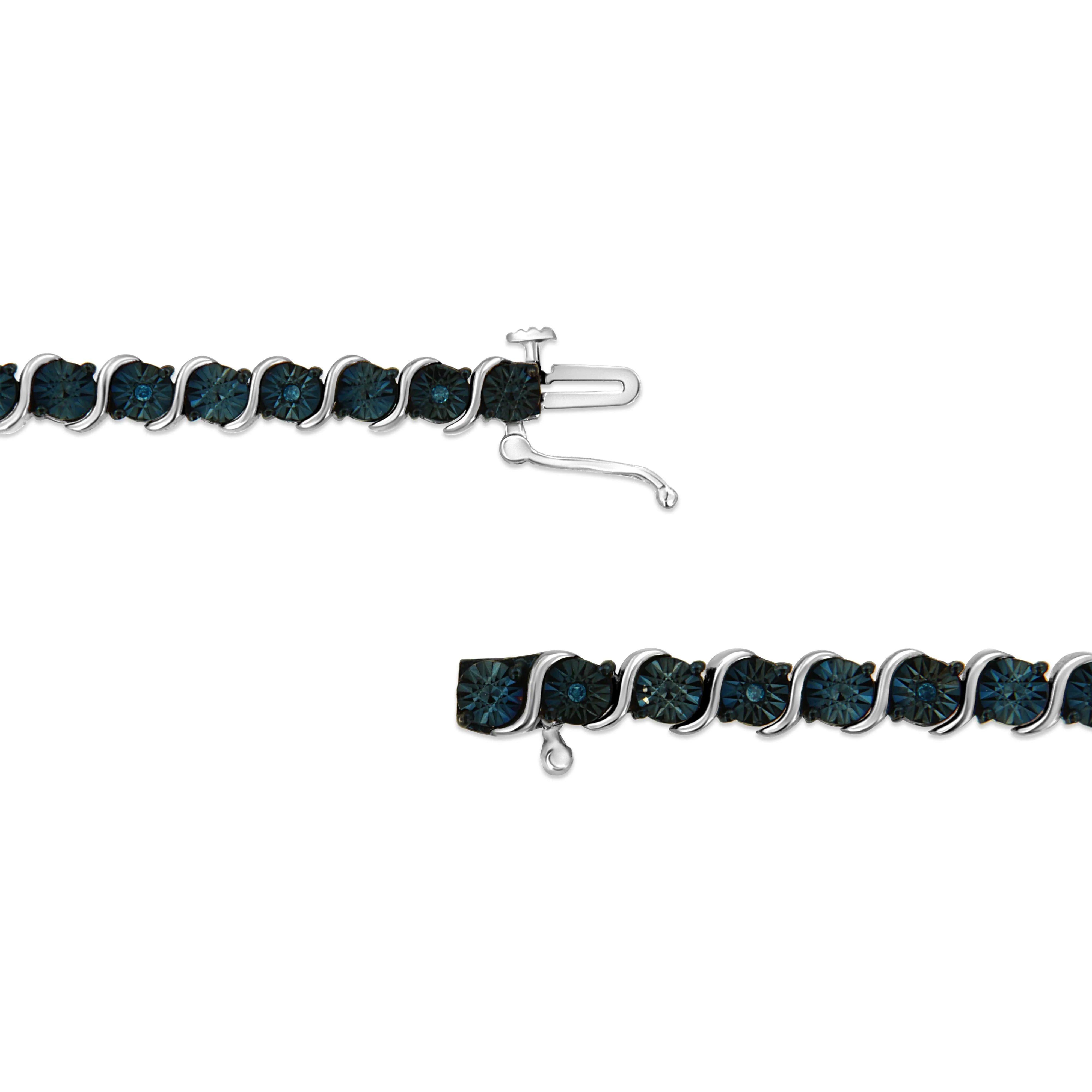 .925 Sterling Silver 1/10 Cttw Miracle-Set Treated Blue Color Diamond Miracle Plate "S" Link Tennis Bracelet (Blue Color, I2- I3 Clarity) - 7.25" - Image 3