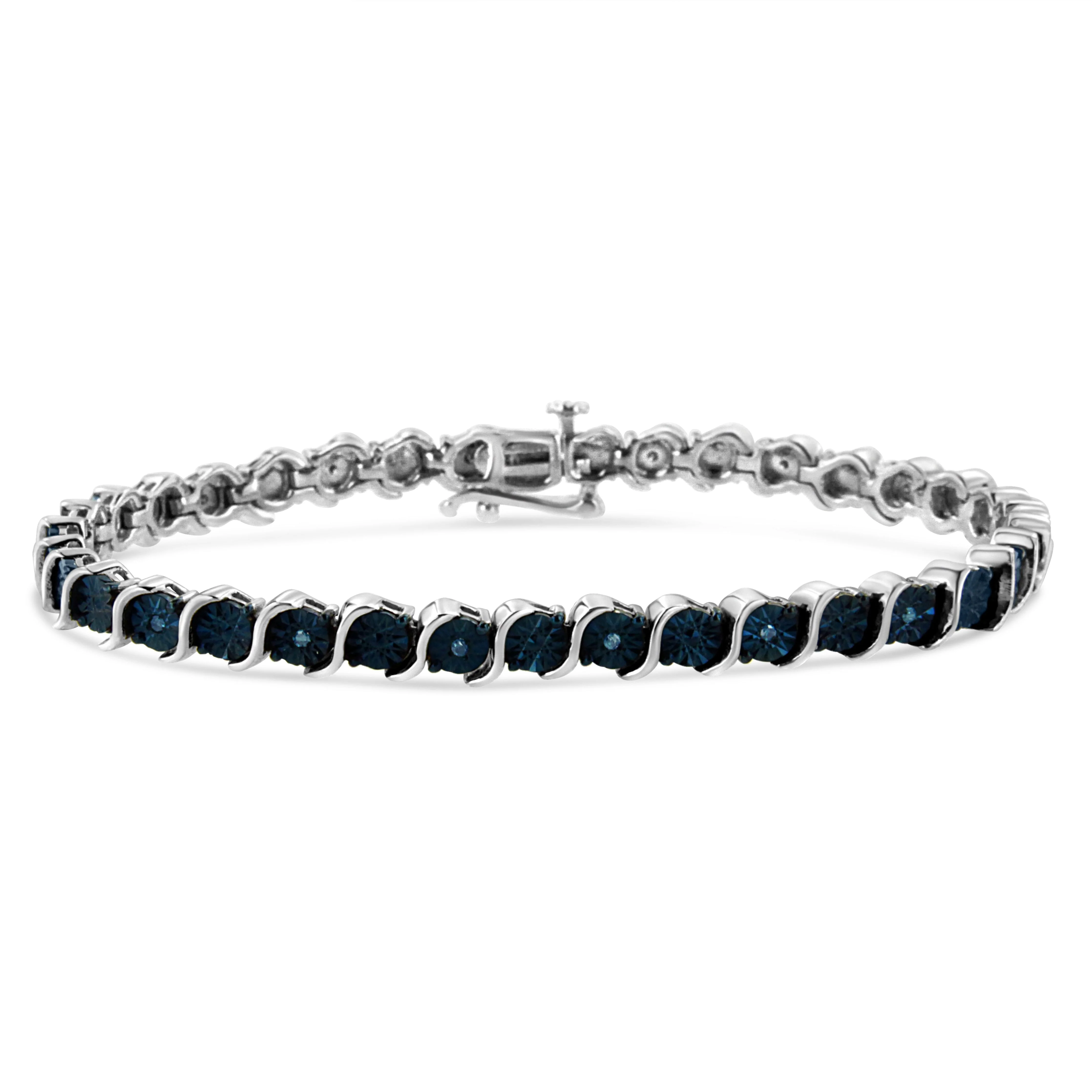 .925 Sterling Silver 1/10 Cttw Miracle-Set Treated Blue Color Diamond Miracle Plate "S" Link Tennis Bracelet (Blue Color, I2- I3 Clarity) - 7.25" - Image 6