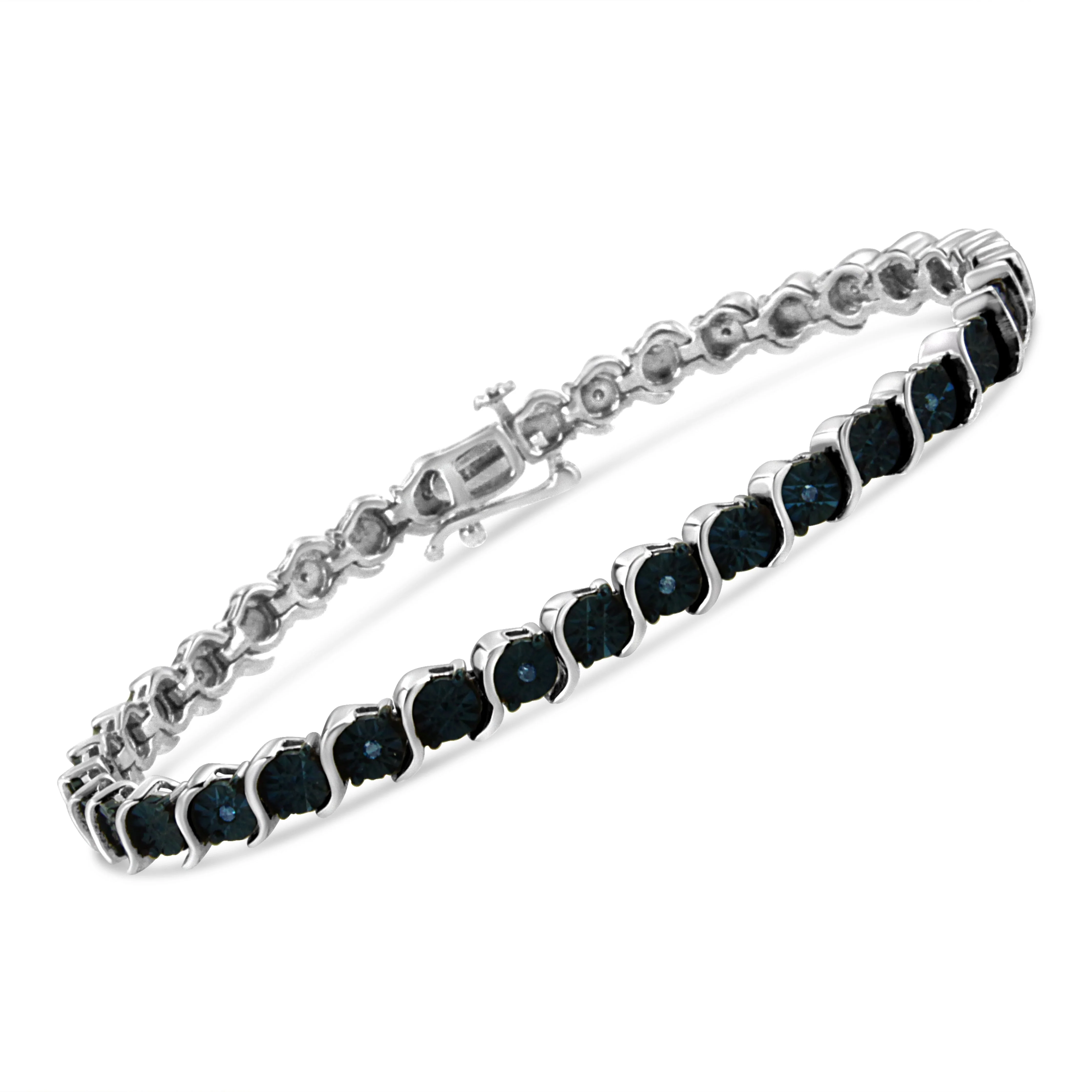 .925 Sterling Silver 1/10 Cttw Miracle-Set Treated Blue Color Diamond Miracle Plate "S" Link Tennis Bracelet (Blue Color, I2- I3 Clarity) - 7.25" - Image 7