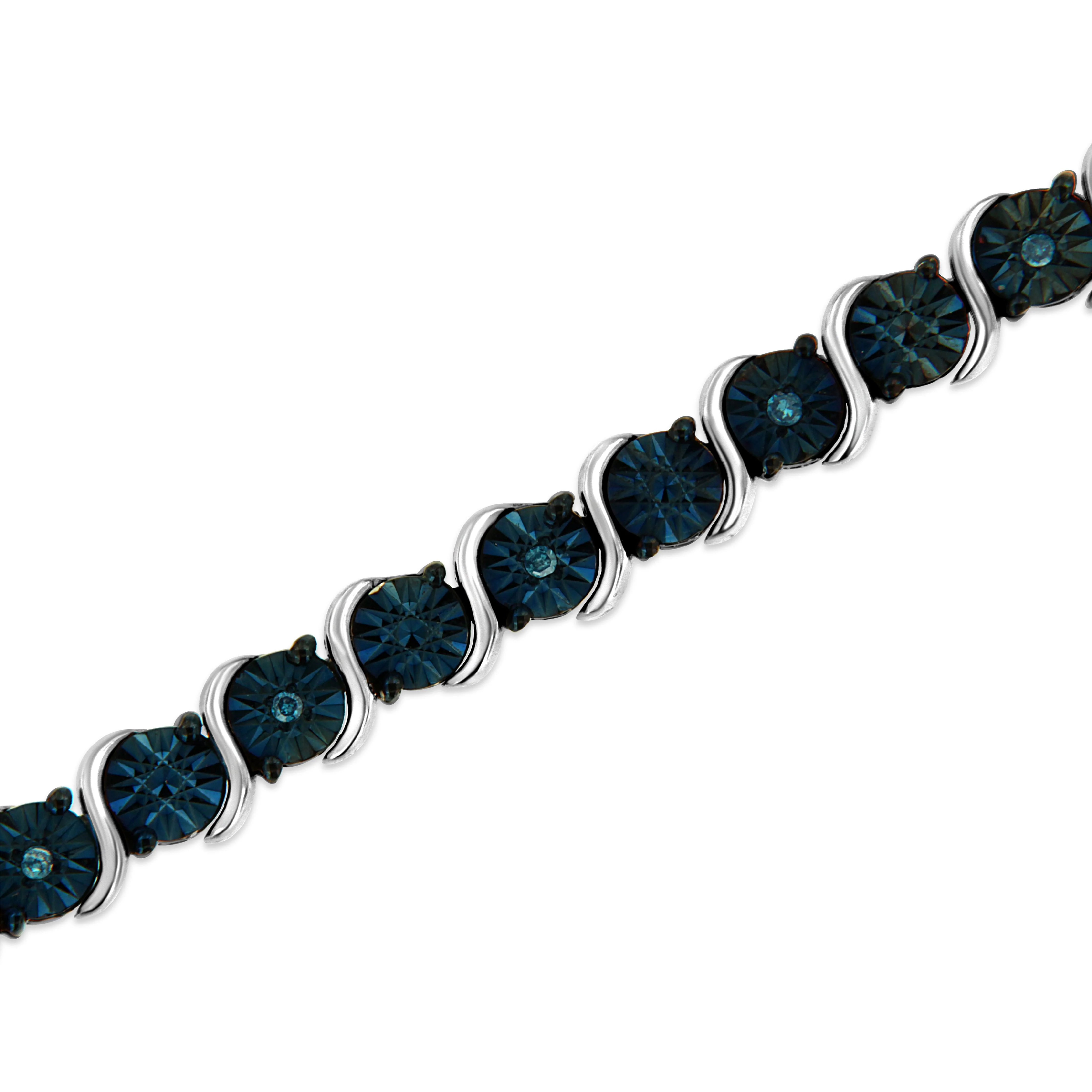 .925 Sterling Silver 1/10 Cttw Miracle-Set Treated Blue Color Diamond Miracle Plate "S" Link Tennis Bracelet (Blue Color, I2- I3 Clarity) - 7.25" - Image 9