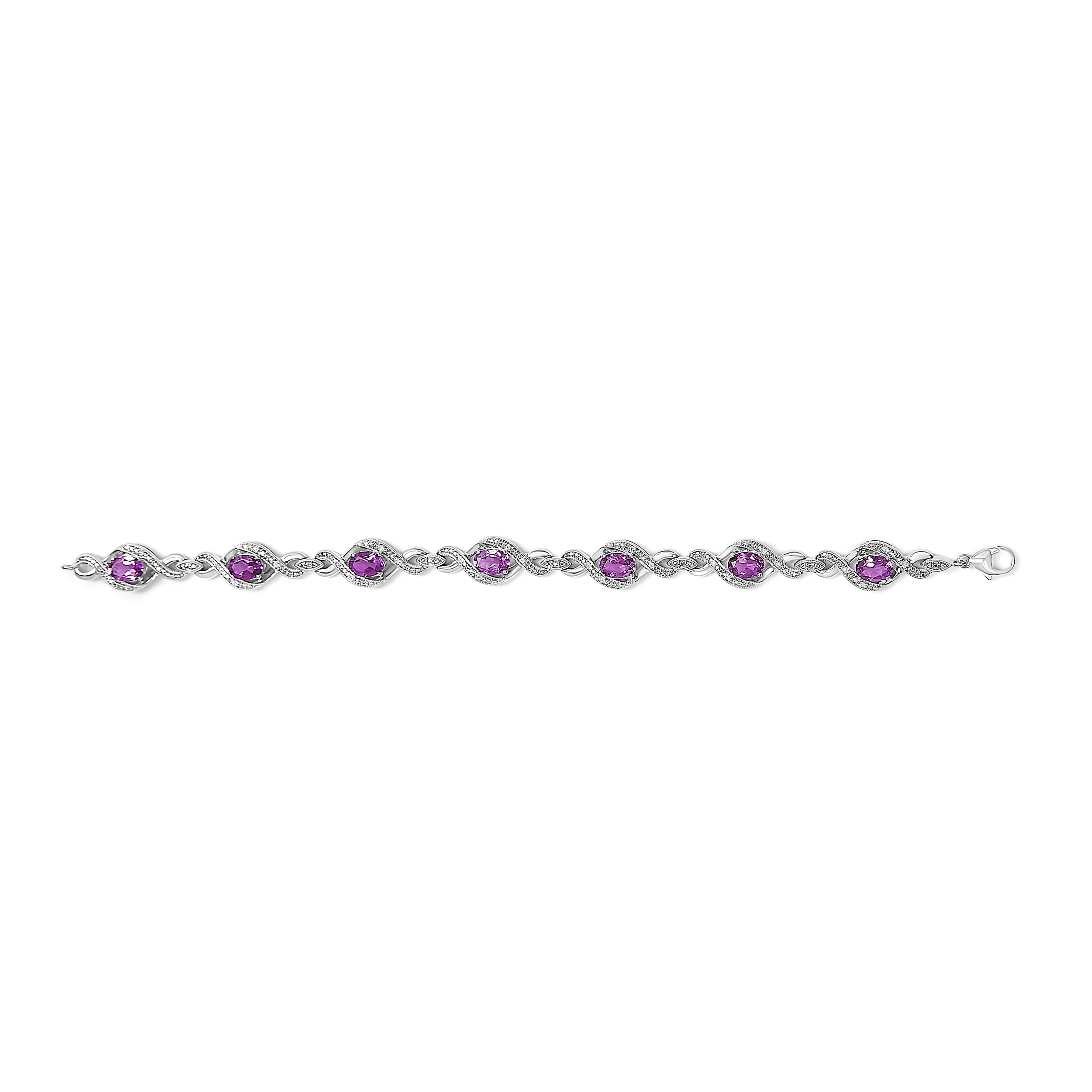 .925 Sterling Silver 1/10 Cttw Natural Round Diamond and 7X5MM Oval Amethyst Cross Tennis Bracelet (I-J Color, I1-I2 Clarity) - 7" - Image 3