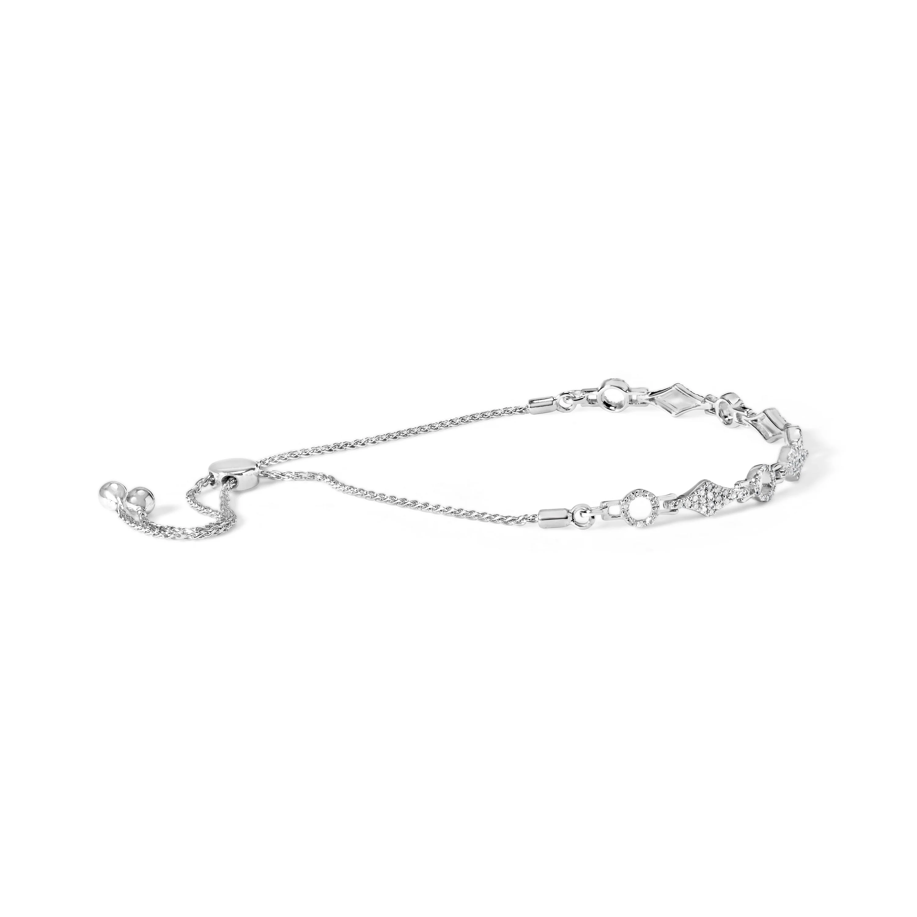 .925 Sterling Silver 1/2 Cttw Diamond Alternating Circle and Kite Link Adjustable Bolo Bracelet (I-J Color, I3 Clarity) - 4" to 10" Inches - Image 5