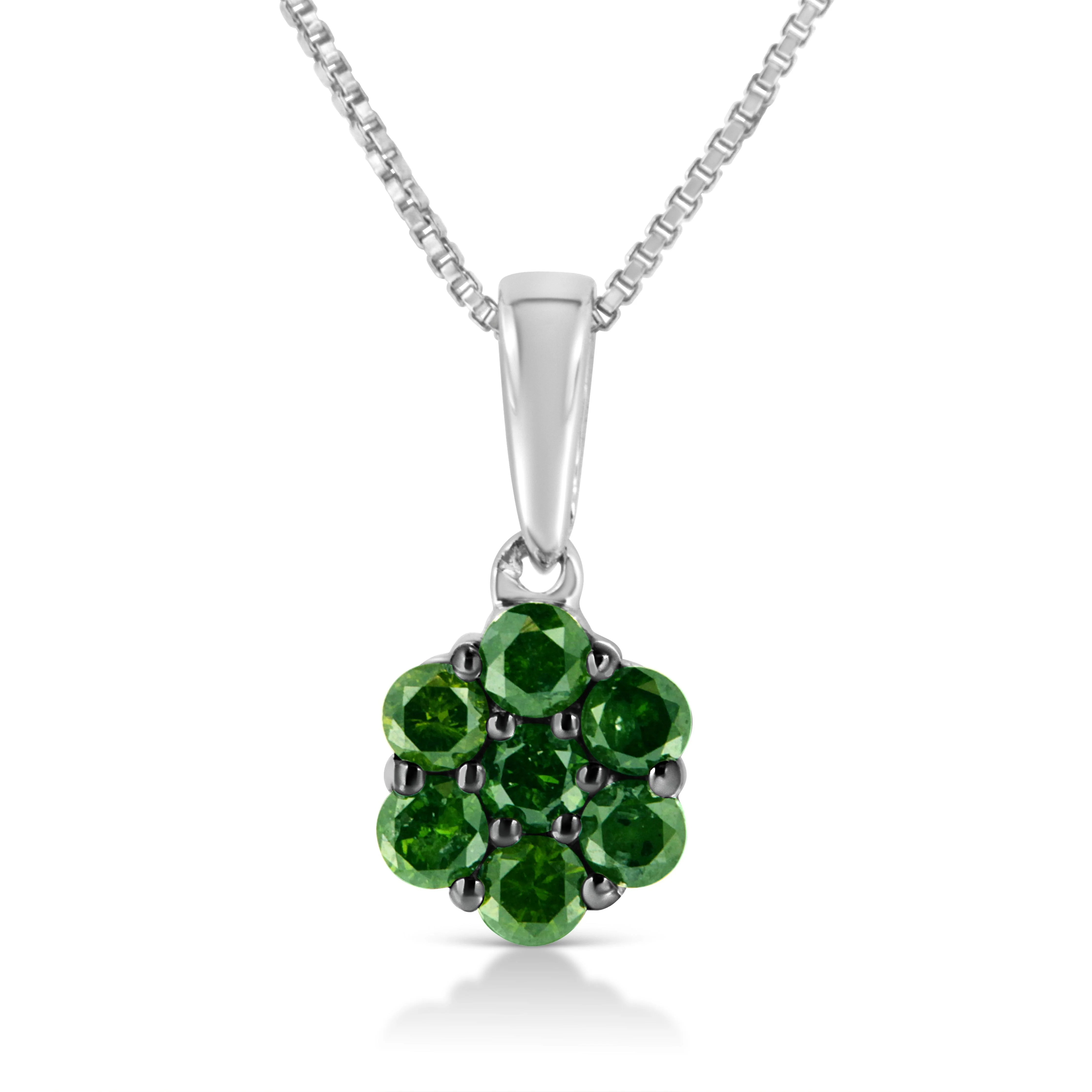 .925 Sterling Silver 1/2 Cttw Prong Set Treated Green Diamond Floral Cluster 18" Pendant Necklace (Green Color, I1-I2 Clarity) - Image 12