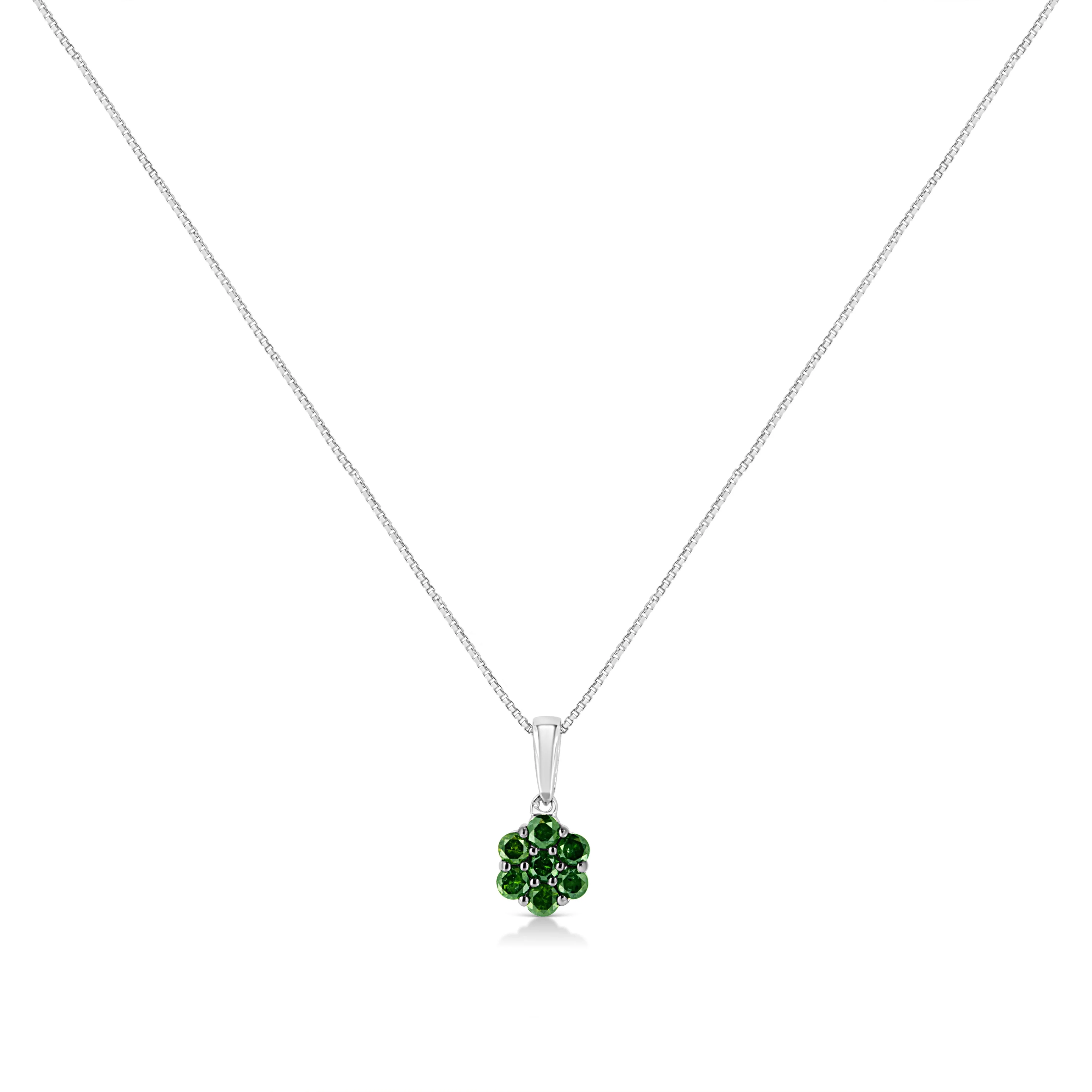 .925 Sterling Silver 1/2 Cttw Prong Set Treated Green Diamond Floral Cluster 18" Pendant Necklace (Green Color, I1-I2 Clarity) - Image 14