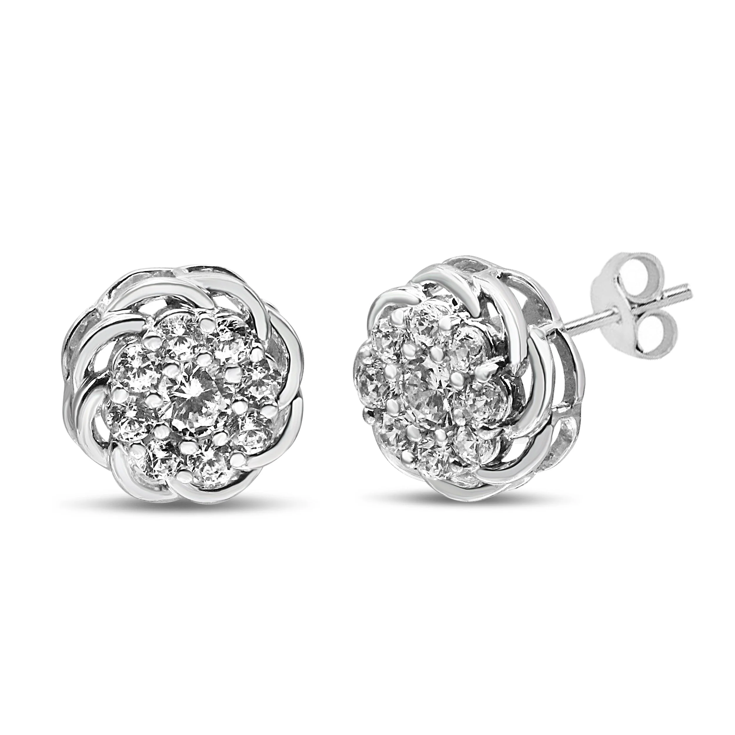.925 Sterling Silver 1/2 Cttw Round Diamond Cluster Openwork Floral Halo Stud Earrings (I1-I2 Clarity, I-J Color) - Image 2