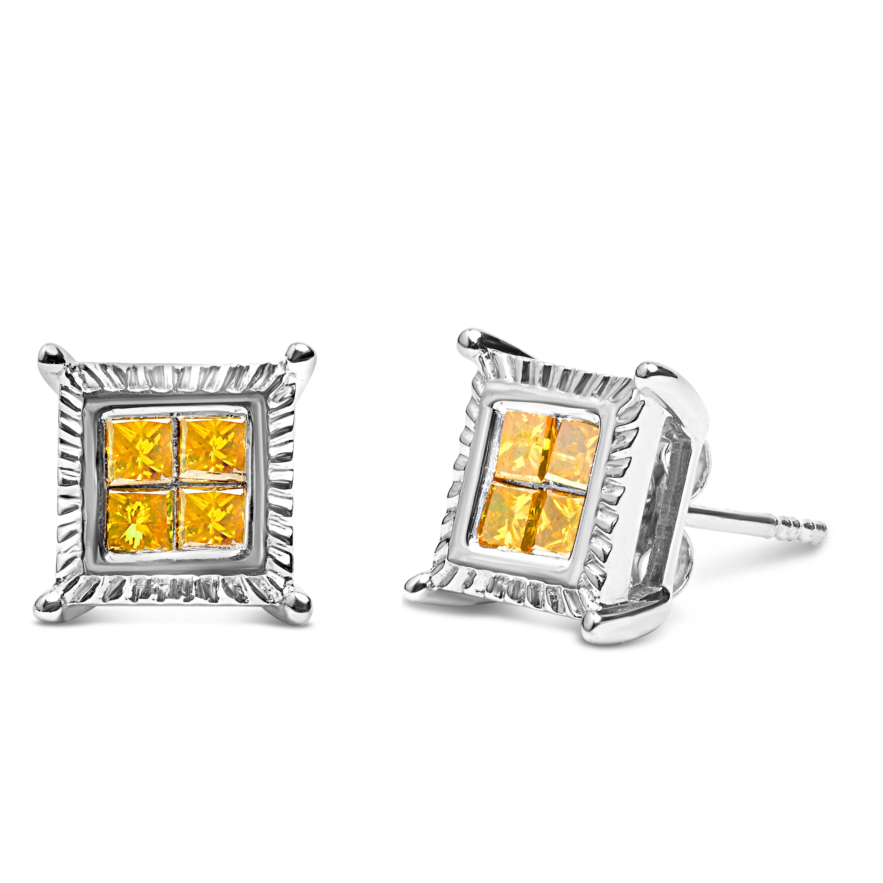 .925 Sterling Silver 1/2 Cttw Yellow Princess Diamond Quad Stud Earring - Image 2