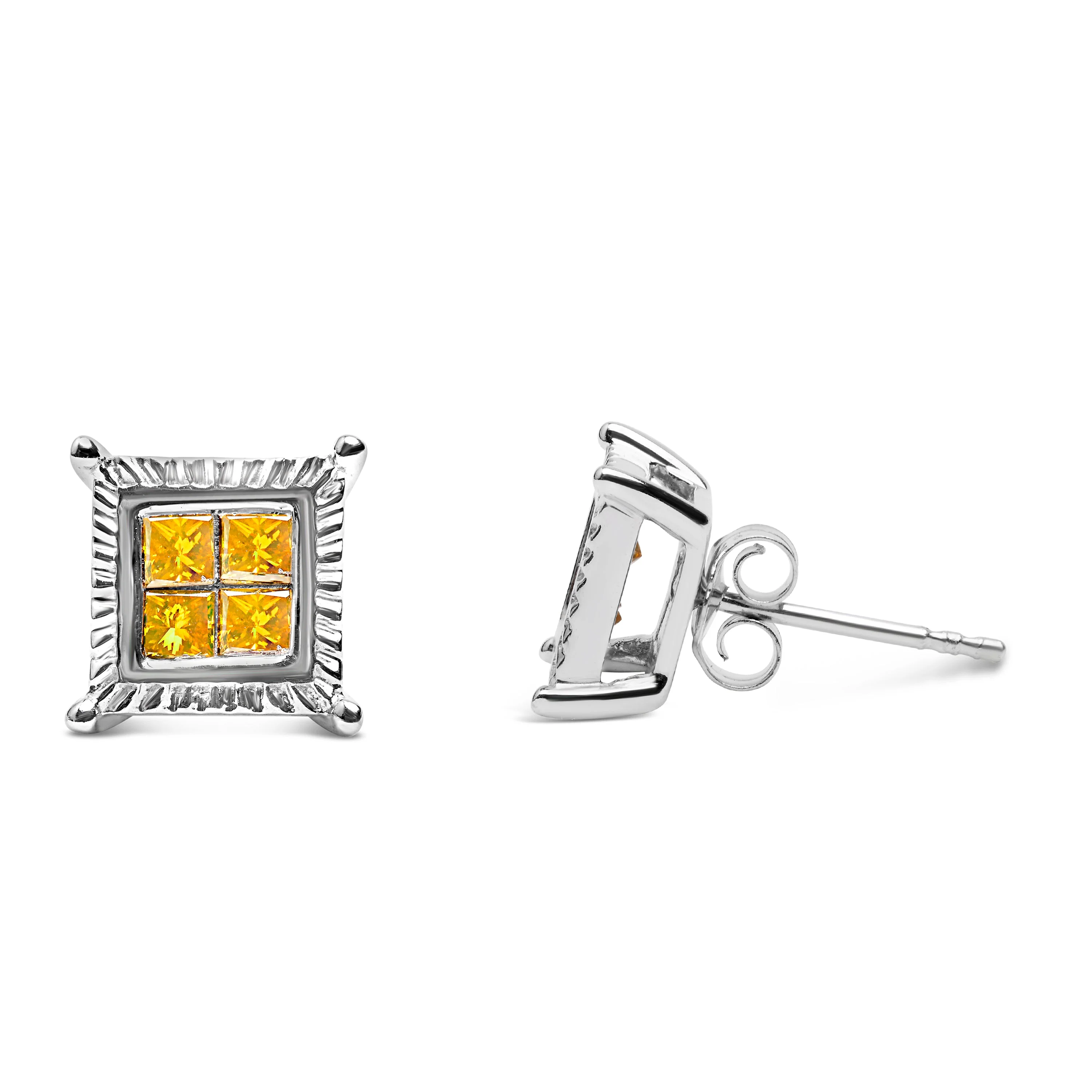 .925 Sterling Silver 1/2 Cttw Yellow Princess Diamond Quad Stud Earring - Image 3