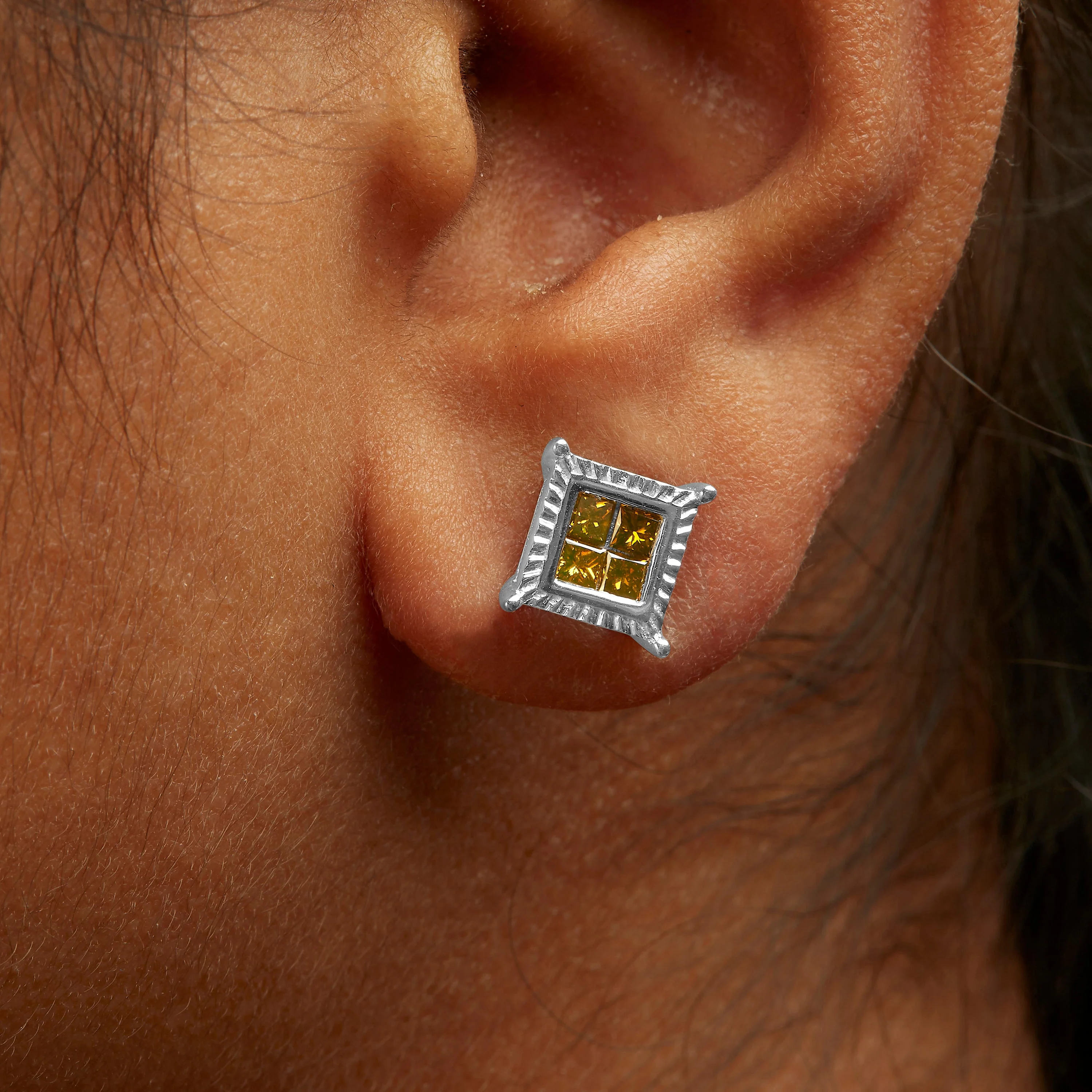 .925 Sterling Silver 1/2 Cttw Yellow Princess Diamond Quad Stud Earring - Image 4