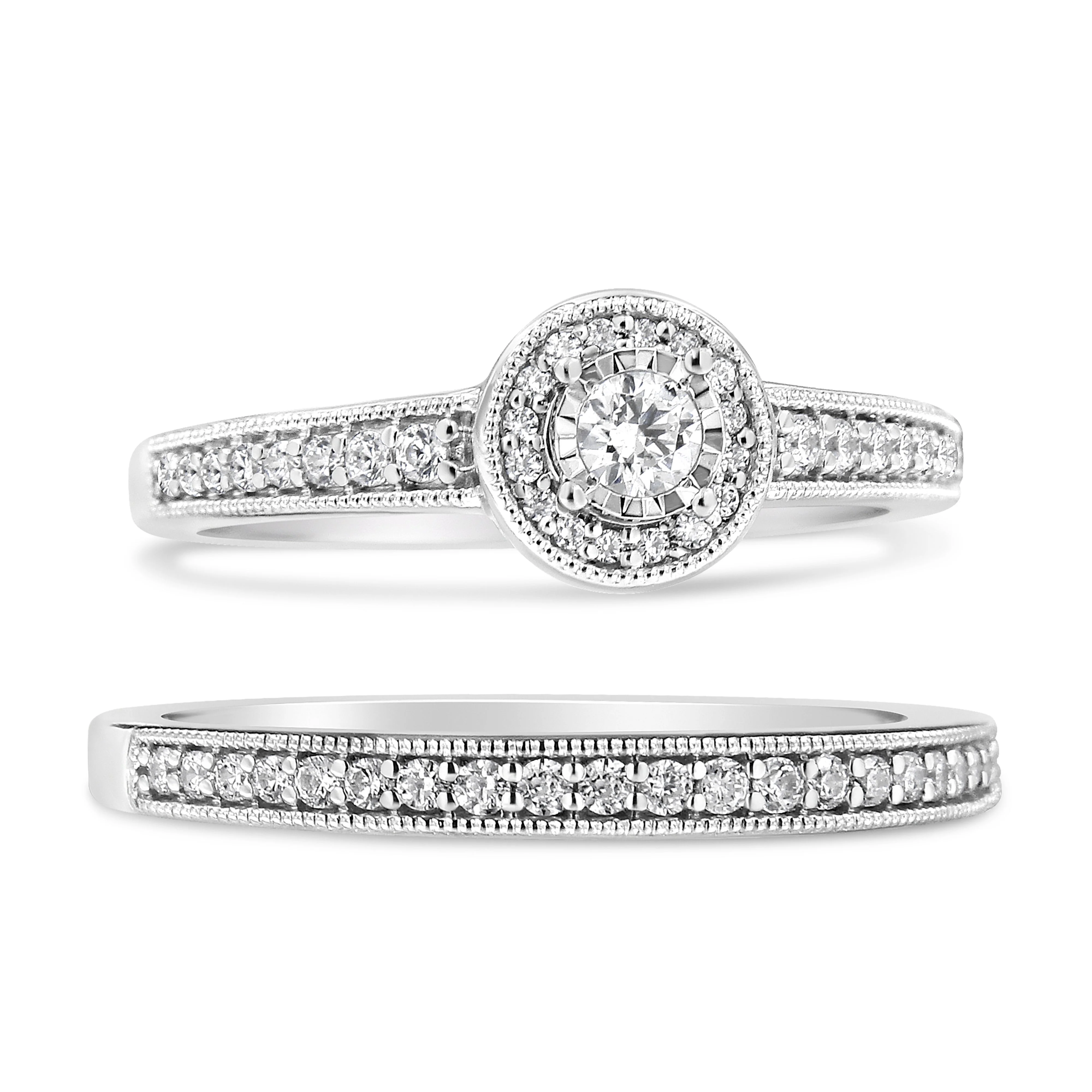 .925 Sterling Silver 1/2 Ctw Diamond Halo and Milgrain Engagement Ring Bridal Set (I-J Color, I3 Clarity) - Ring Size 7 - Image 2