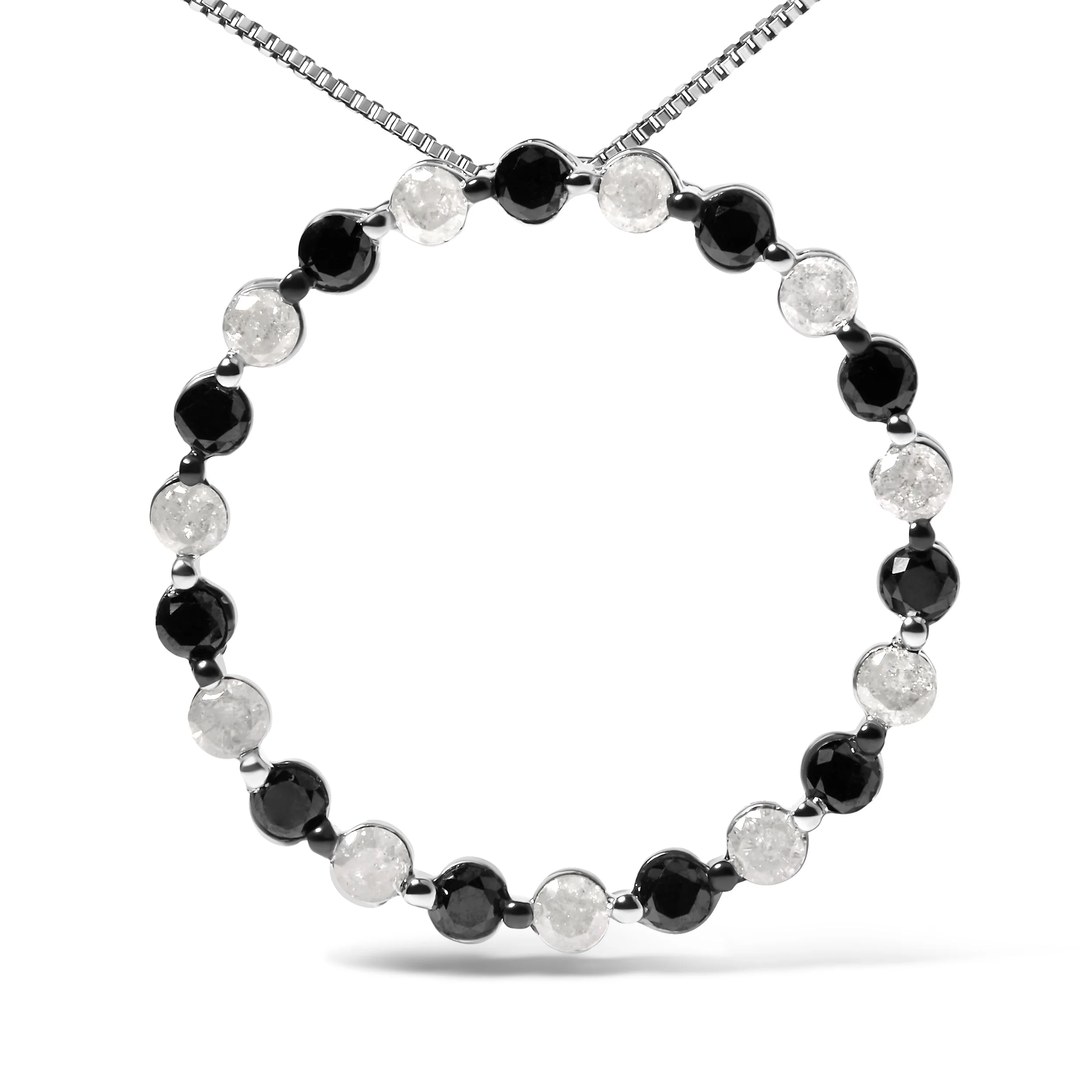 .925 Sterling Silver 1 3/4 Cttw Alternating Black and White Diamond Open Circle Hoop Pendant Necklace (H-I Color, I2-I3 Clarity) - 18" Inches - Image 2