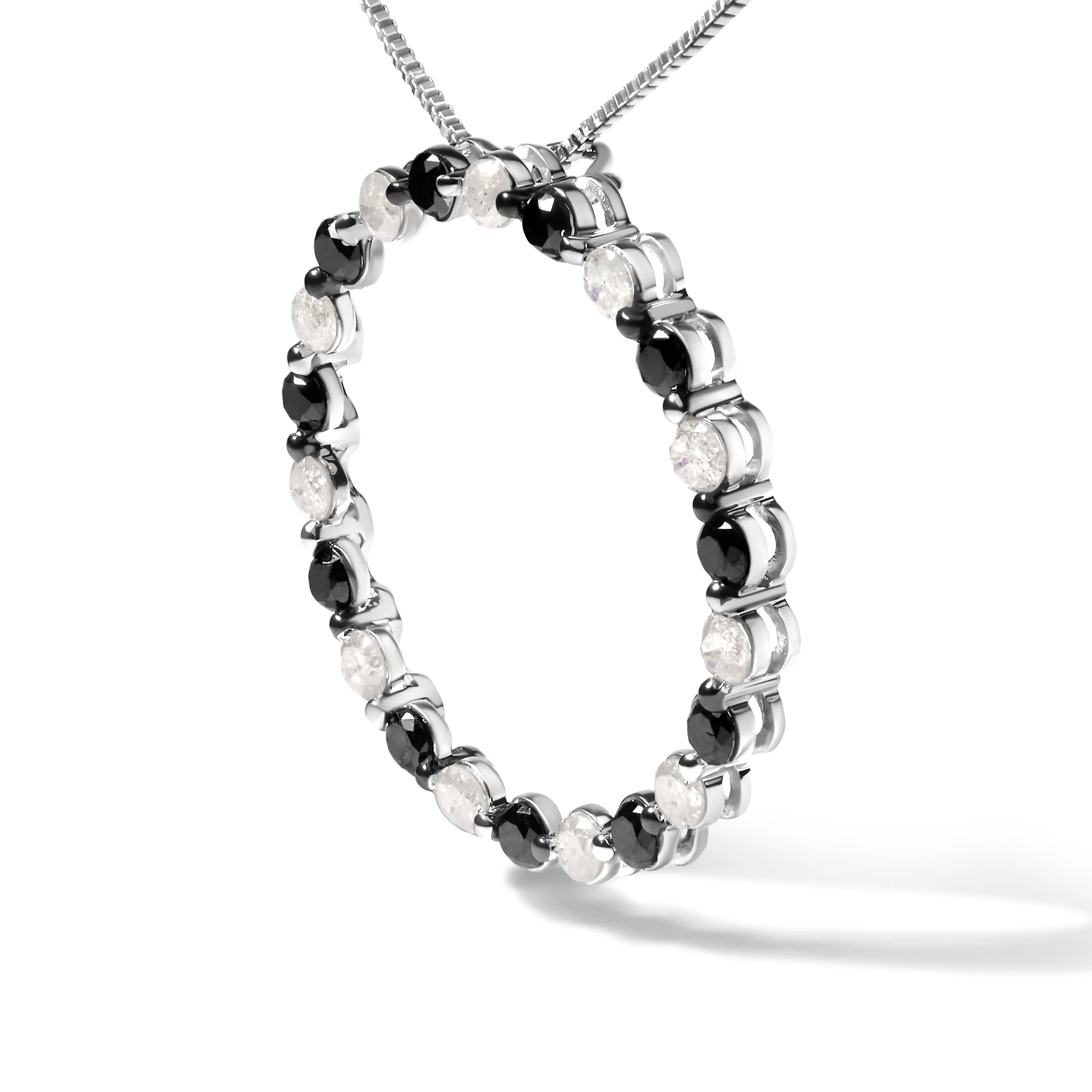 .925 Sterling Silver 1 3/4 Cttw Alternating Black and White Diamond Open Circle Hoop Pendant Necklace (H-I Color, I2-I3 Clarity) - 18" Inches - Image 3
