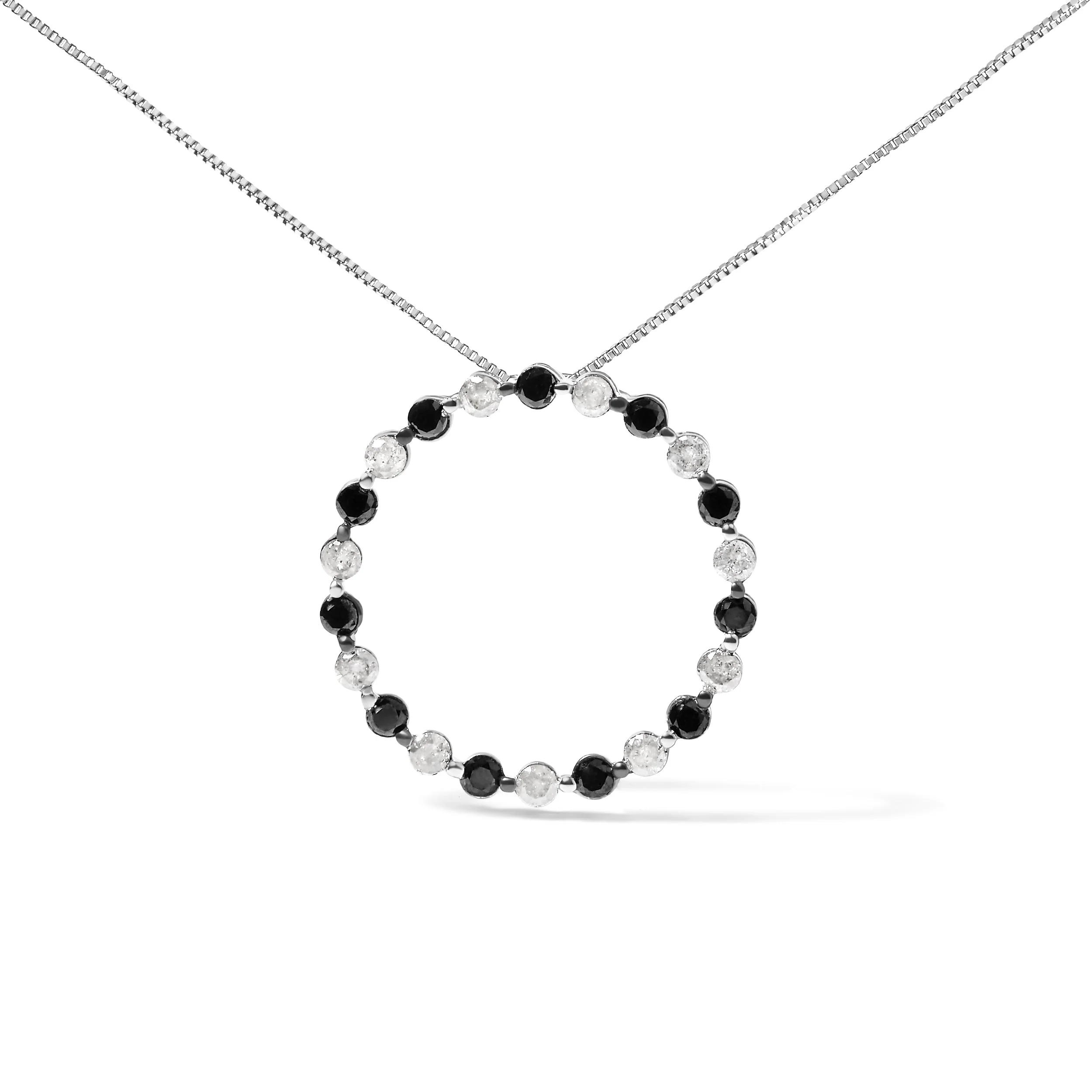 .925 Sterling Silver 1 3/4 Cttw Alternating Black and White Diamond Open Circle Hoop Pendant Necklace (H-I Color, I2-I3 Clarity) - 18" Inches - Image 4