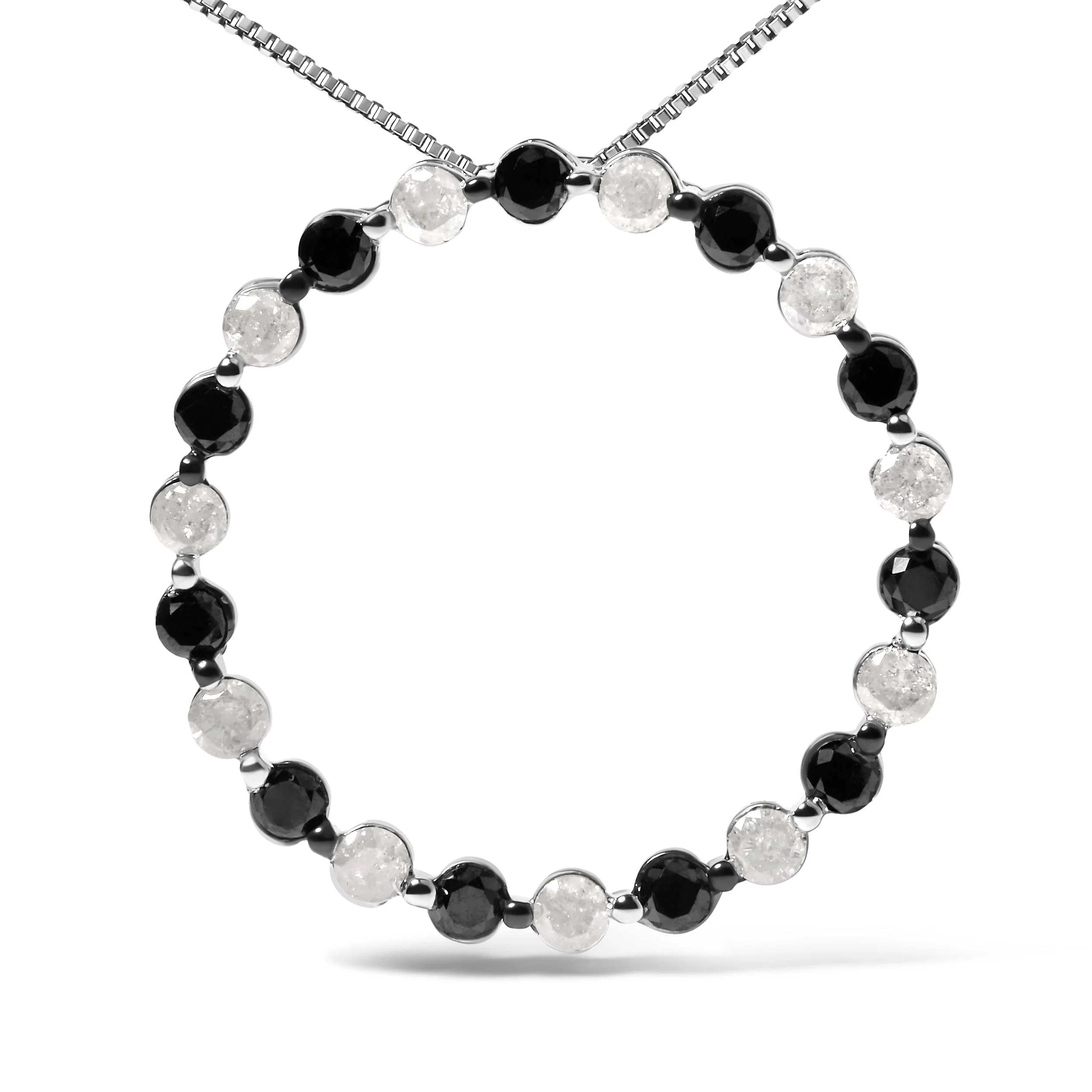.925 Sterling Silver 1 3/4 Cttw Alternating Black and White Diamond Open Circle Hoop Pendant Necklace (H-I Color, I2-I3 Clarity) - 18" Inches - Image 5