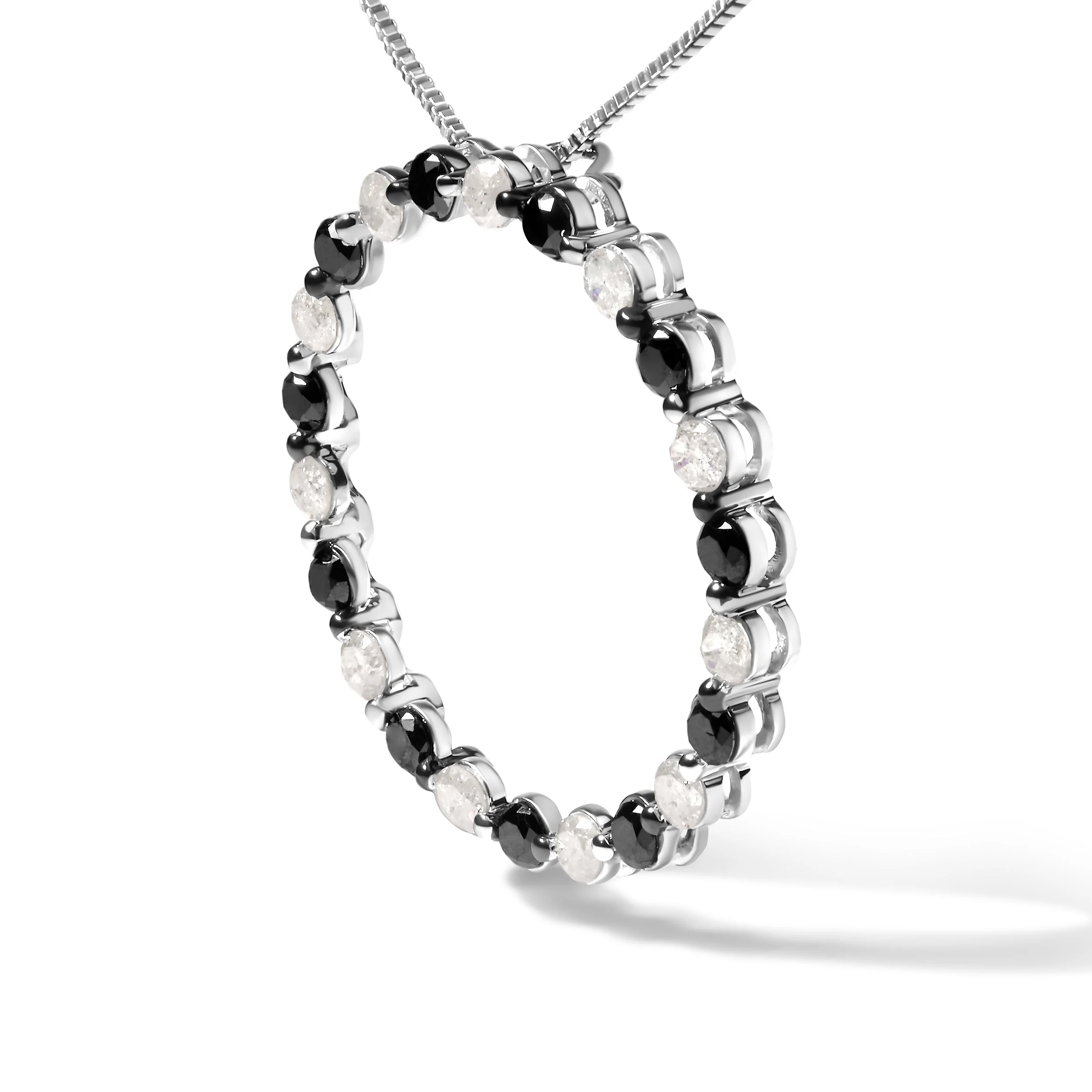 .925 Sterling Silver 1 3/4 Cttw Alternating Black and White Diamond Open Circle Hoop Pendant Necklace (H-I Color, I2-I3 Clarity) - 18" Inches - Image 6