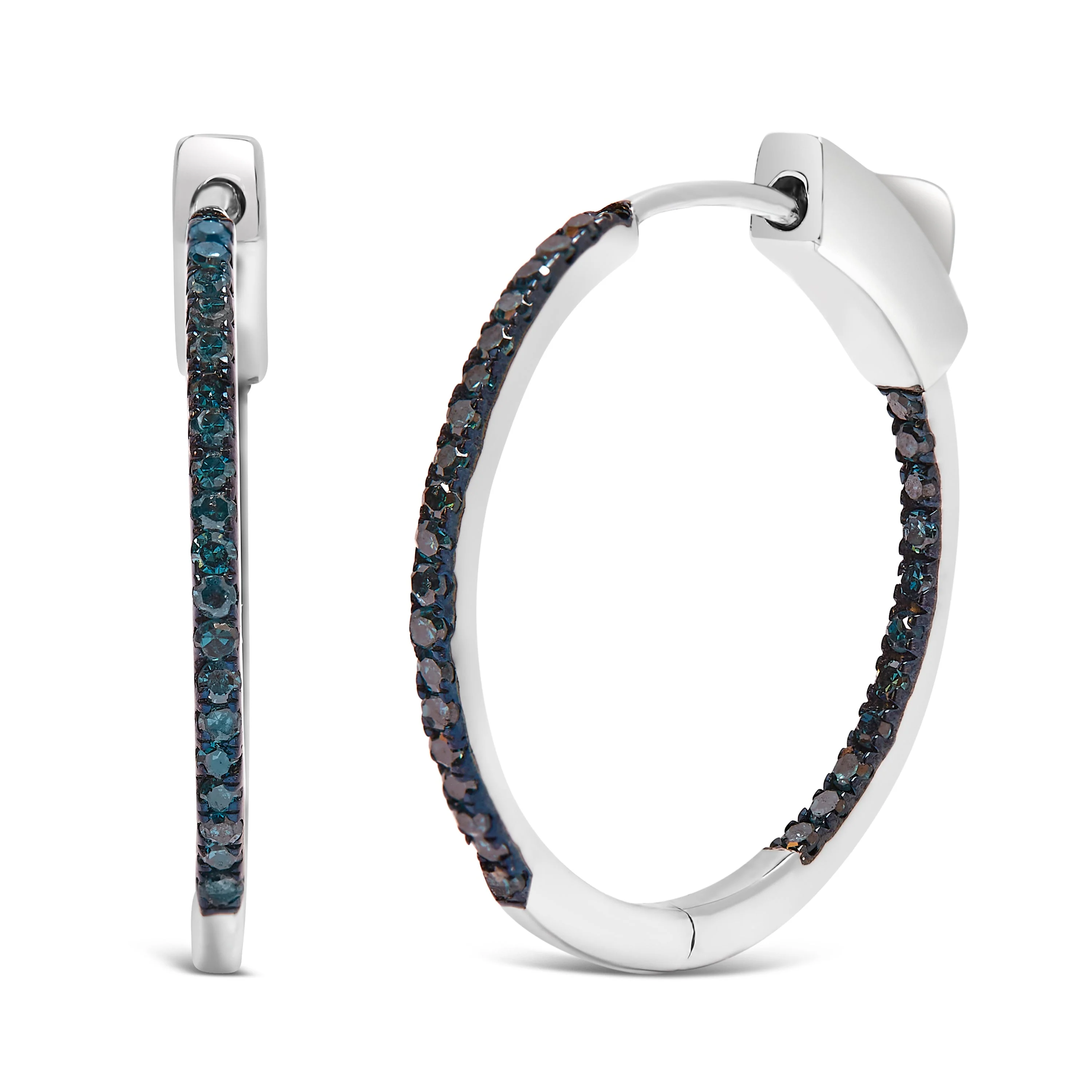 .925 Sterling Silver 1/3 Cttw Inside Out Blue Treated Diamond 1MM Wide Hoop Earrings (Blue Color, I2-I3 Clarity) - Image 2