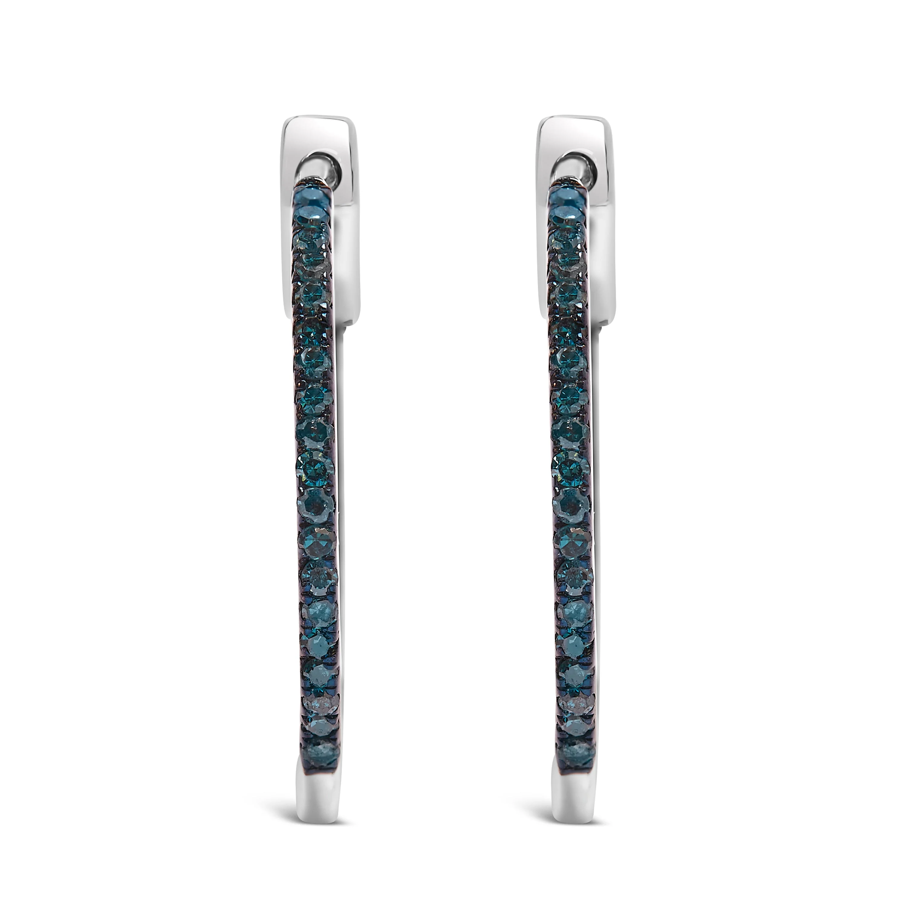 .925 Sterling Silver 1/3 Cttw Inside Out Blue Treated Diamond 1MM Wide Hoop Earrings (Blue Color, I2-I3 Clarity) - Image 3