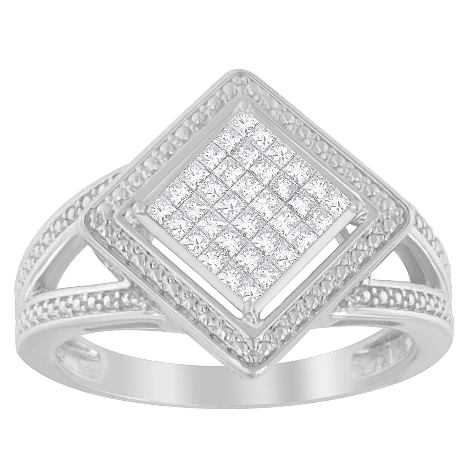 .925 Sterling Silver 1/3 Cttw Invisible Set Princess-Cut Diamond Rhombus and Beaded Halo Ring (H-I Color, SI1-SI2 Clarity) - Ring Size 7 - Image 2