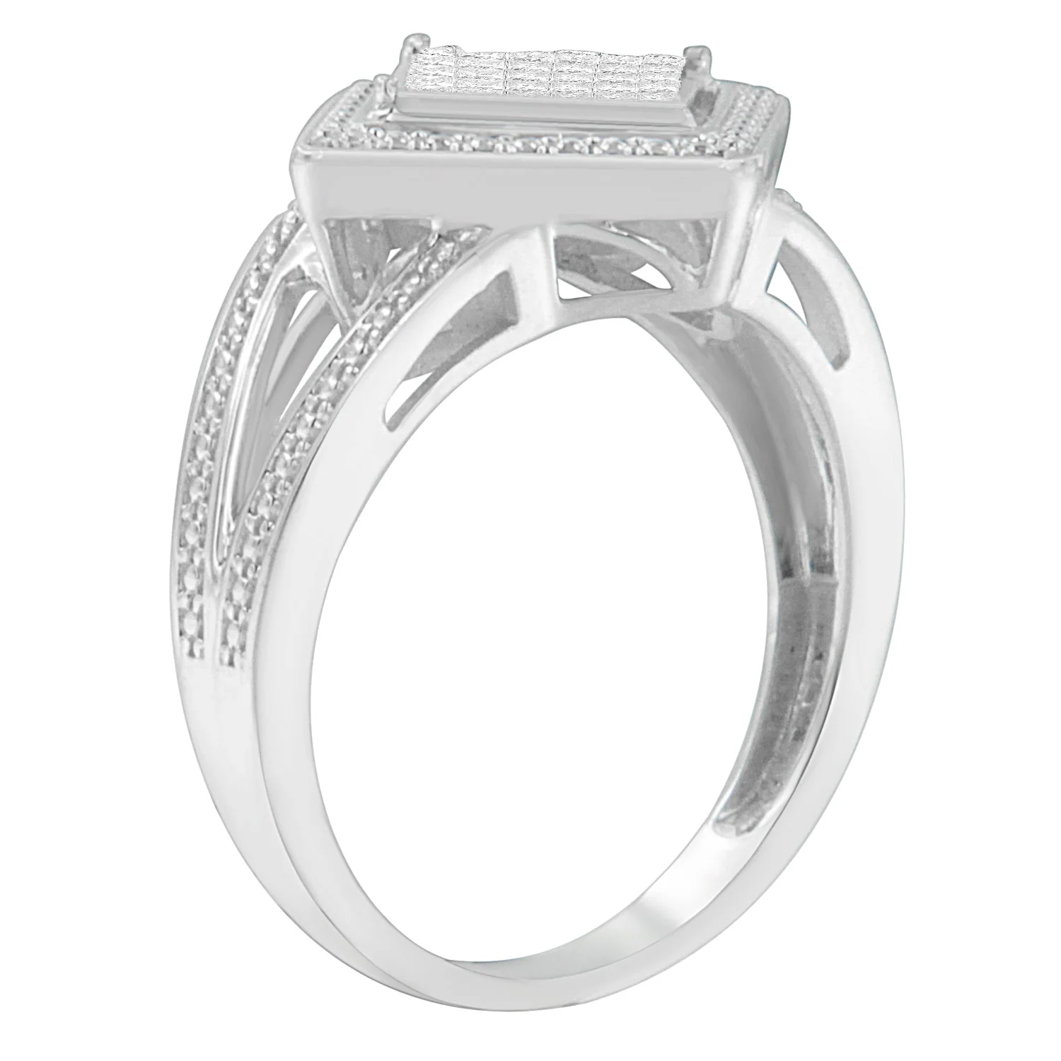 .925 Sterling Silver 1/3 Cttw Invisible Set Princess-Cut Diamond Rhombus and Beaded Halo Ring (H-I Color, SI1-SI2 Clarity) - Ring Size 7 - Image 4