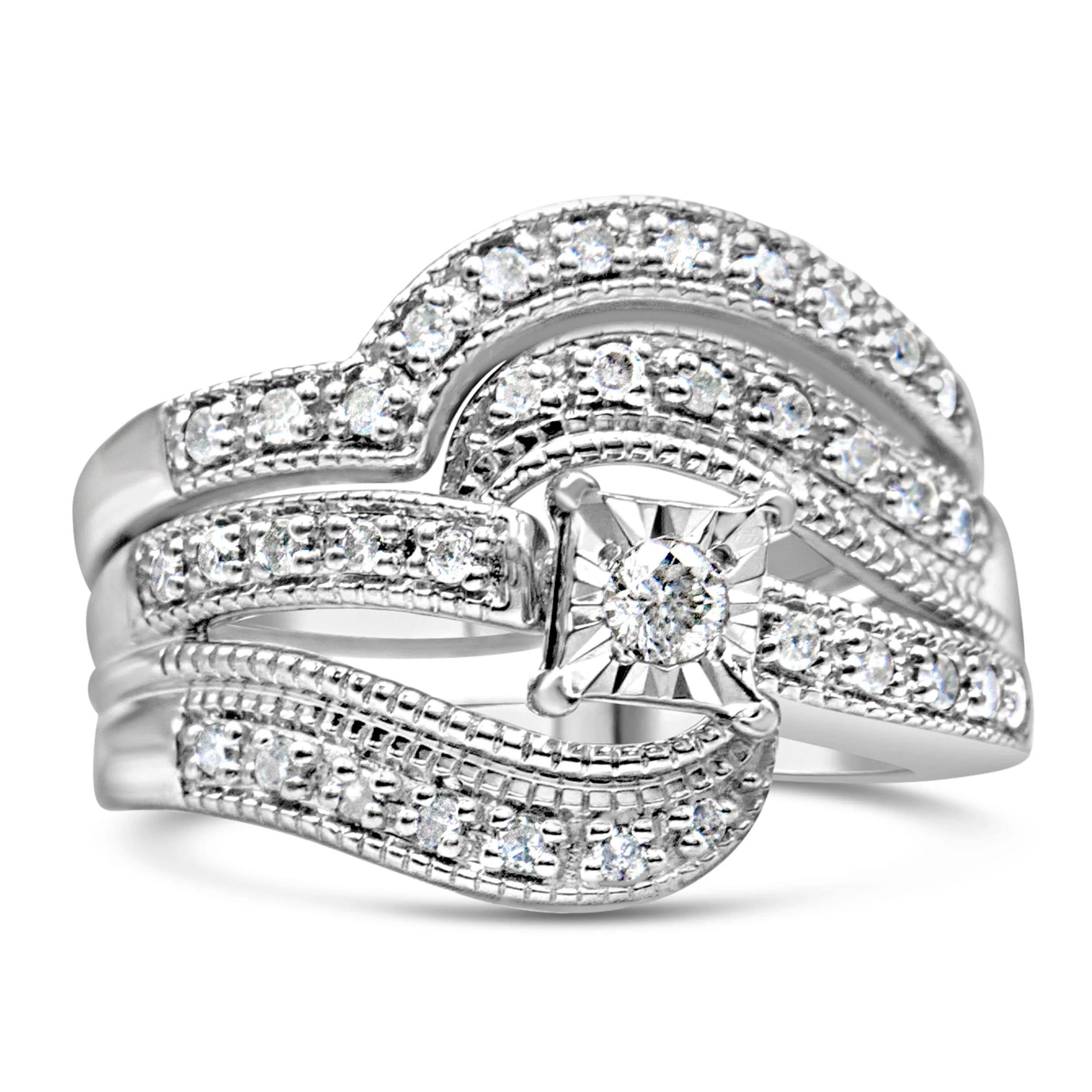 .925 Sterling Silver 1/3 Cttw Round Diamond Crisscross Engagement Ring Bridal Set (H-I Color, I1-I2 Clarity ) - Size 7 - Image 2