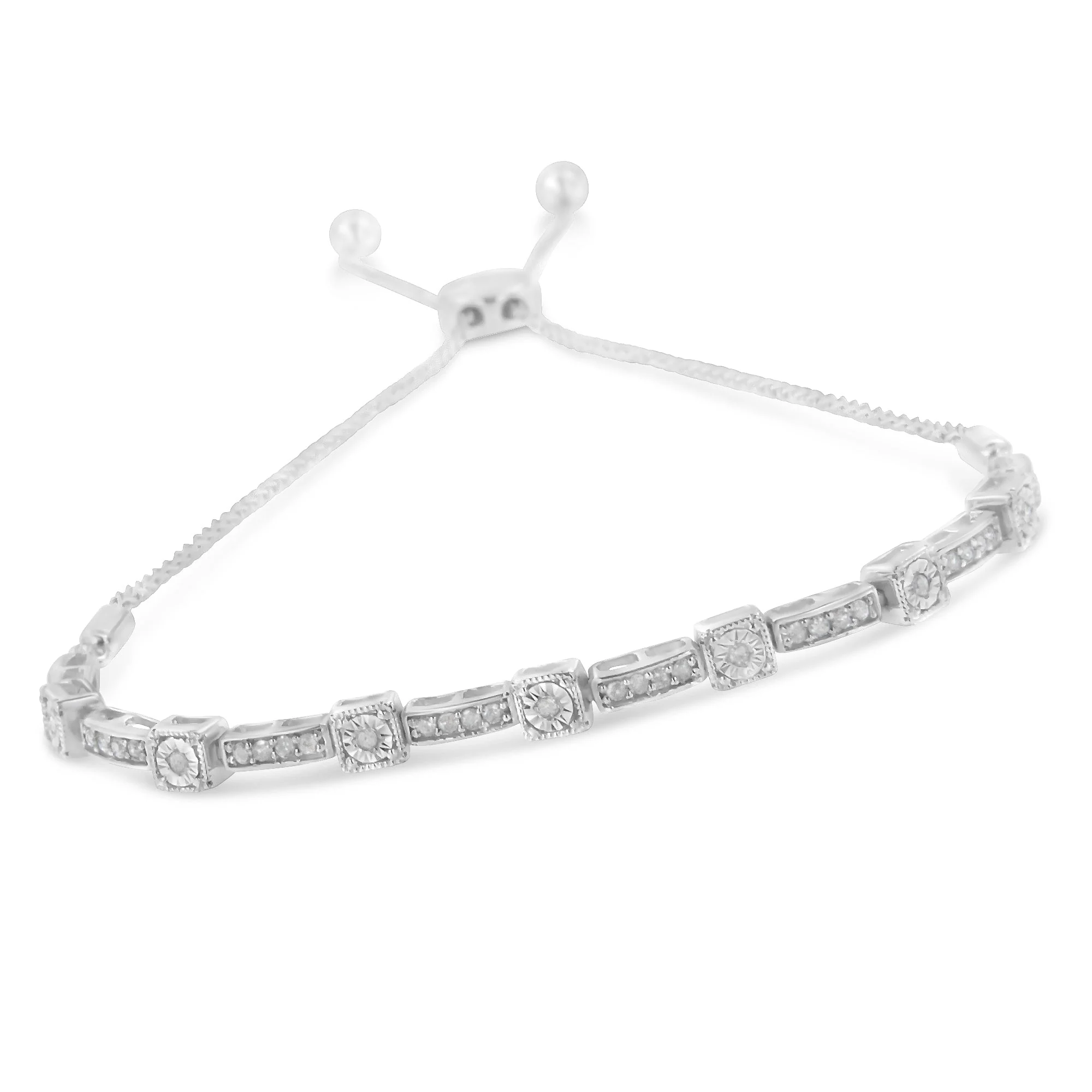 .925 Sterling Silver 1/4 Cttw Diamond 4â€-10†Adjustable Bolo Alternating Square and Rectangle Bolo Bracelet (I-J Color, I3 Clarity) - Image 3