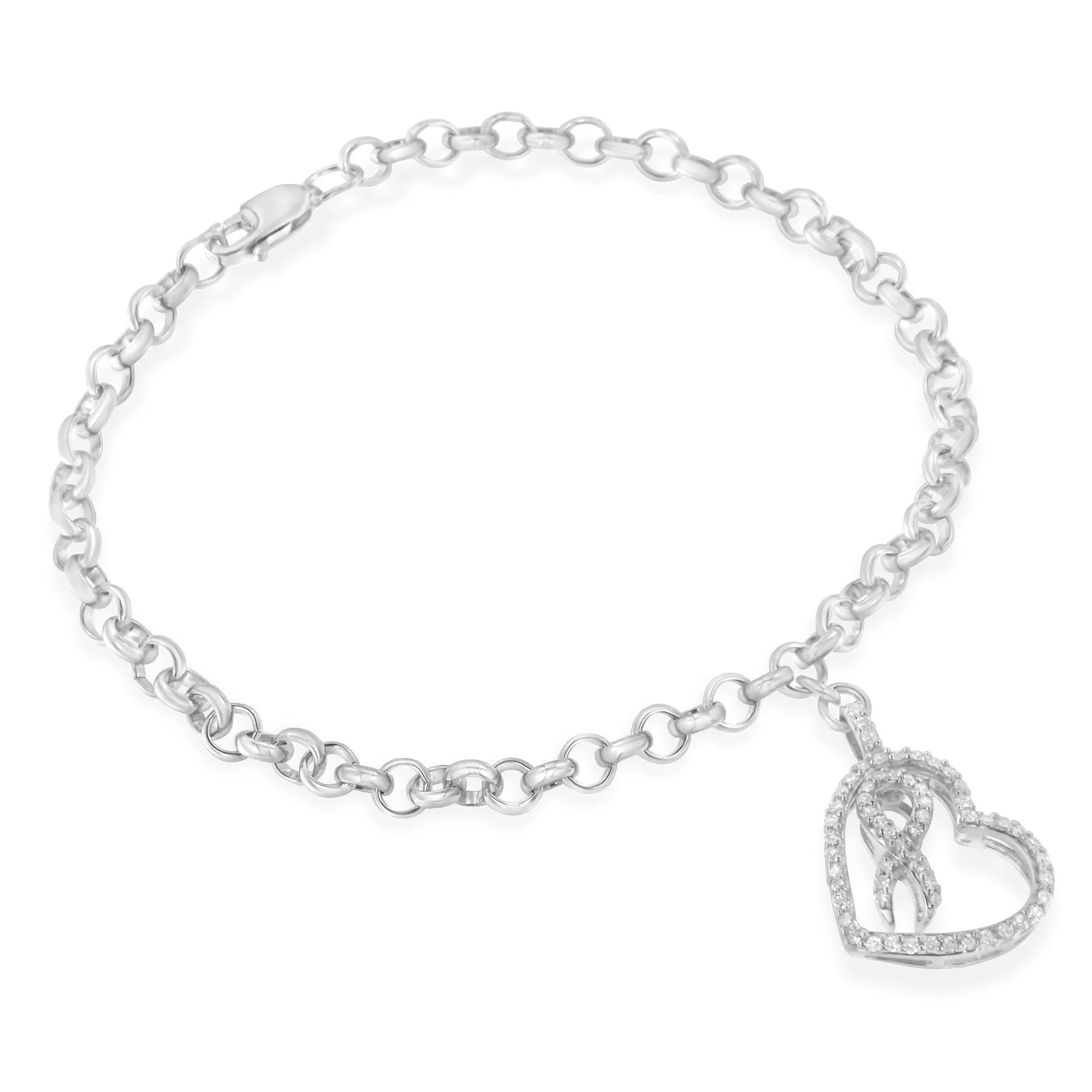 .925 Sterling Silver 1/4 Cttw Diamond-Accented Heart and Ribbon Charm 7" Link Chain Bracelet (H-I Color, I1-I2 Clarity) - Image 5