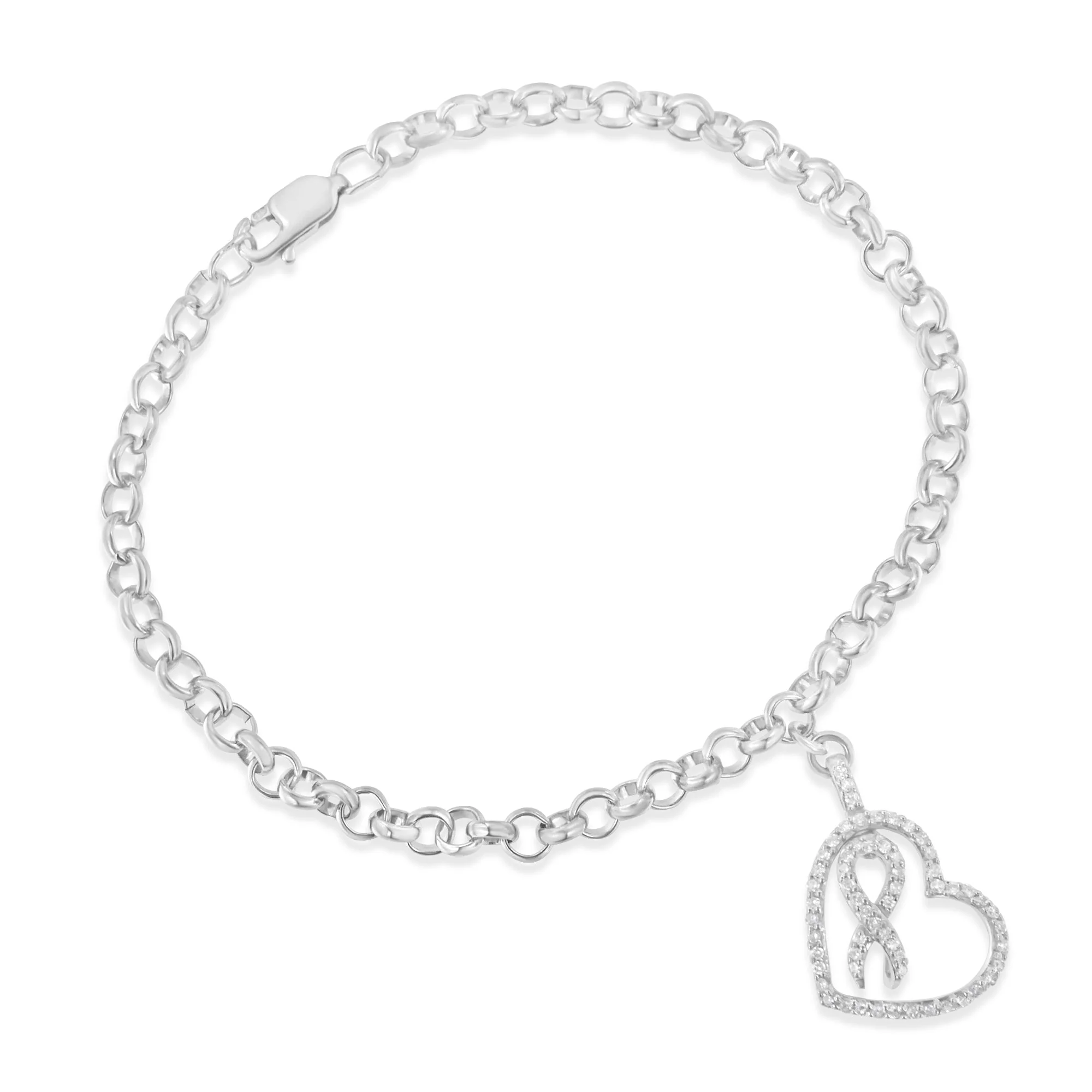 .925 Sterling Silver 1/4 Cttw Diamond-Accented Heart and Ribbon Charm 7" Link Chain Bracelet (H-I Color, I1-I2 Clarity) - Image 6