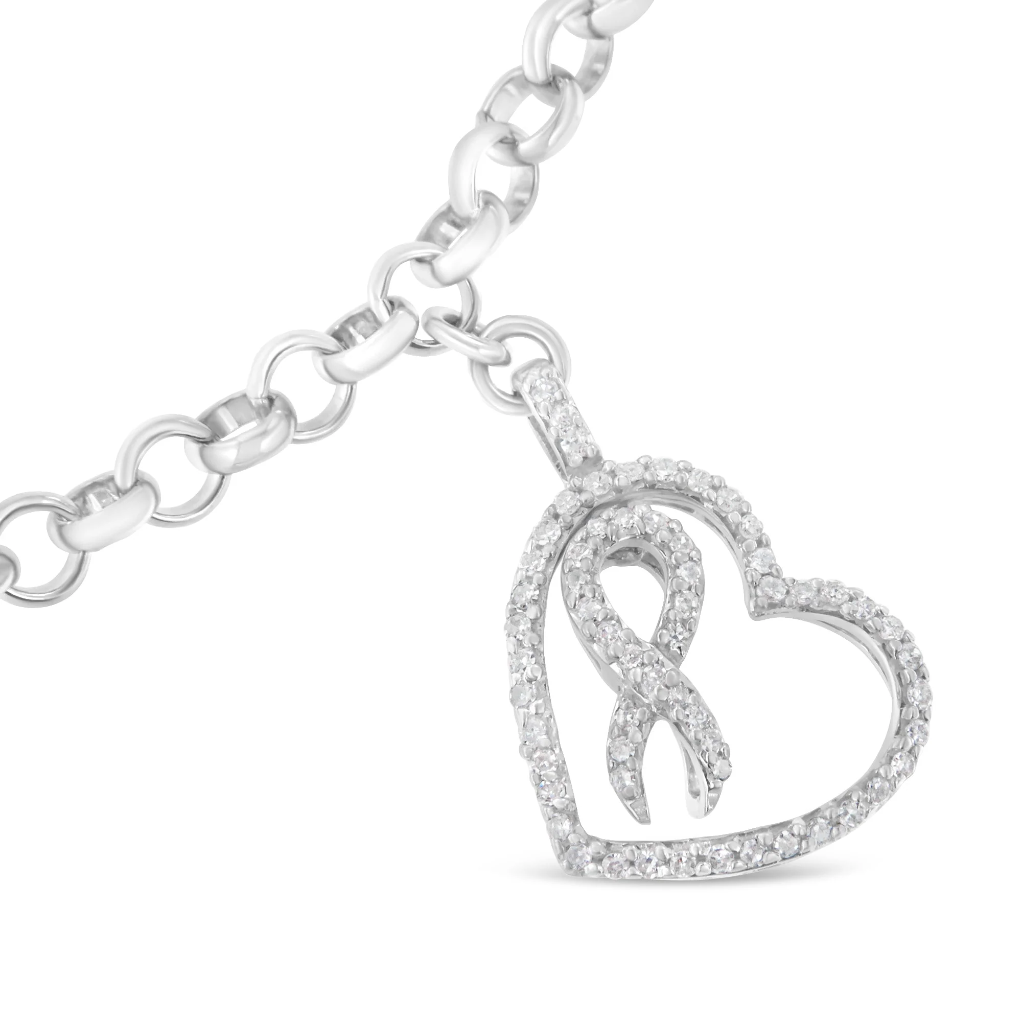 .925 Sterling Silver 1/4 Cttw Diamond-Accented Heart and Ribbon Charm 7" Link Chain Bracelet (H-I Color, I1-I2 Clarity) - Image 7