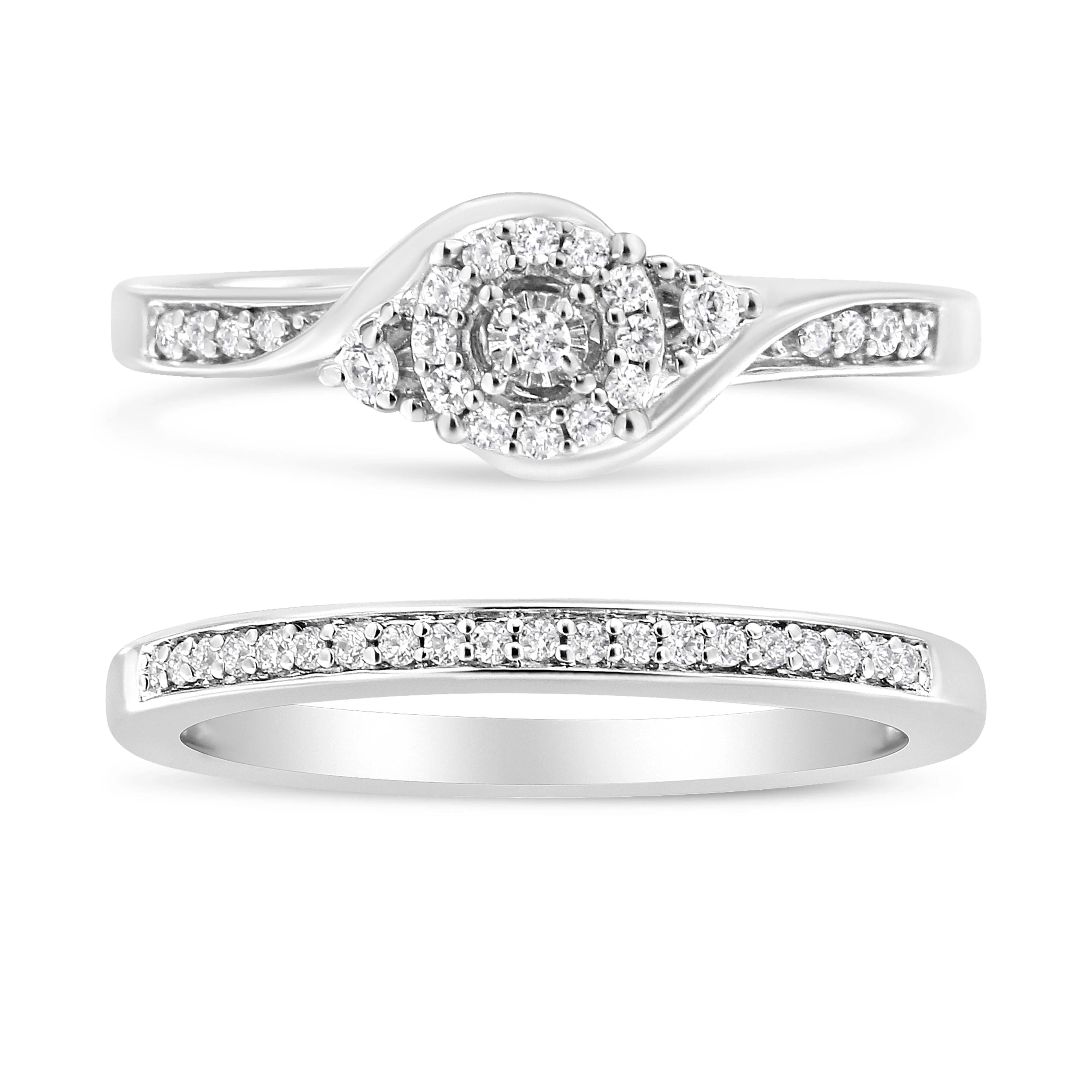 .925 Sterling Silver 1/4 Cttw Diamond Halo and Swirl Engagement Ring and Wedding Band Set (I-J Color, I3 Clarity)- Ring Size 7 - Image 2
