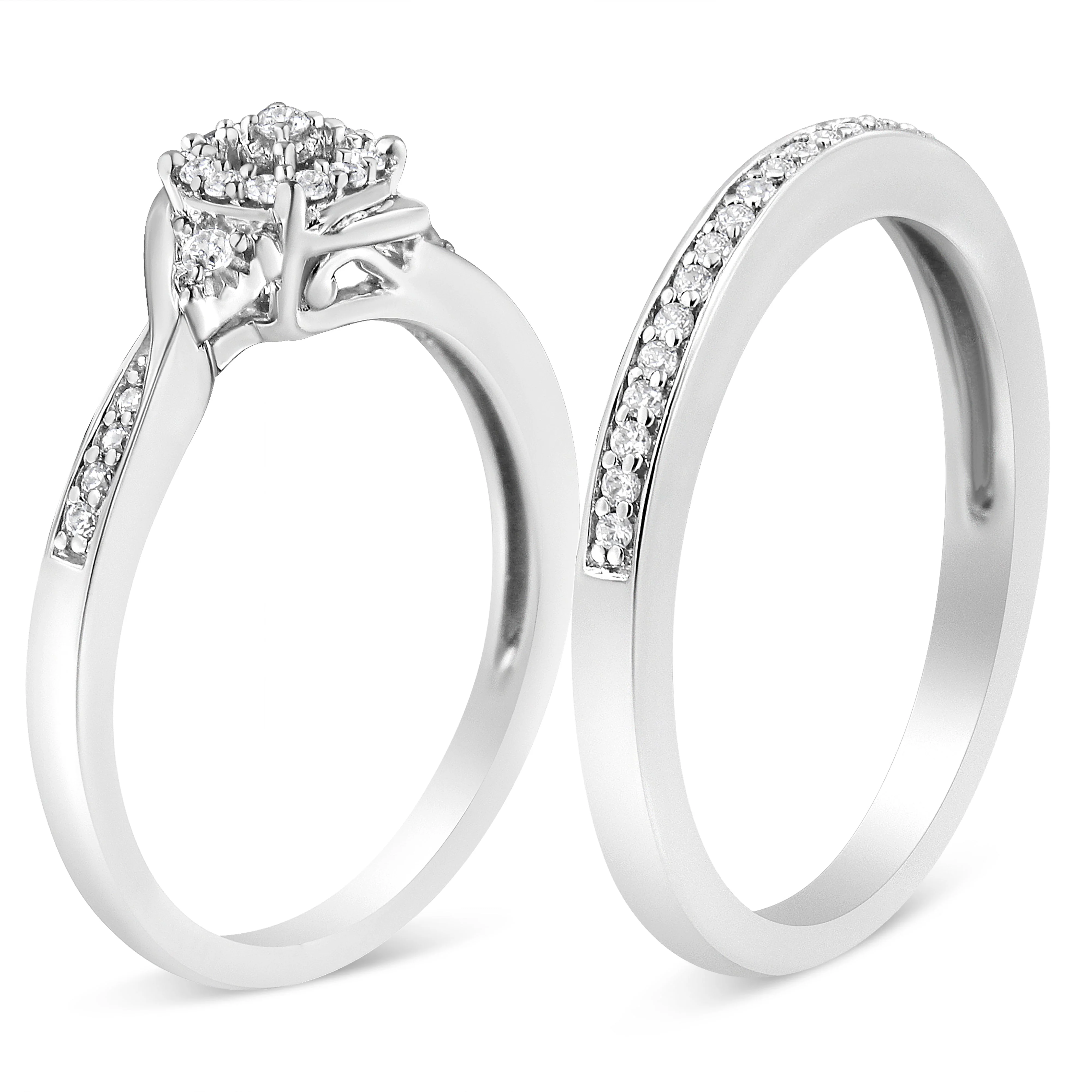 .925 Sterling Silver 1/4 Cttw Diamond Halo and Swirl Engagement Ring and Wedding Band Set (I-J Color, I3 Clarity)- Ring Size 7 - Image 3