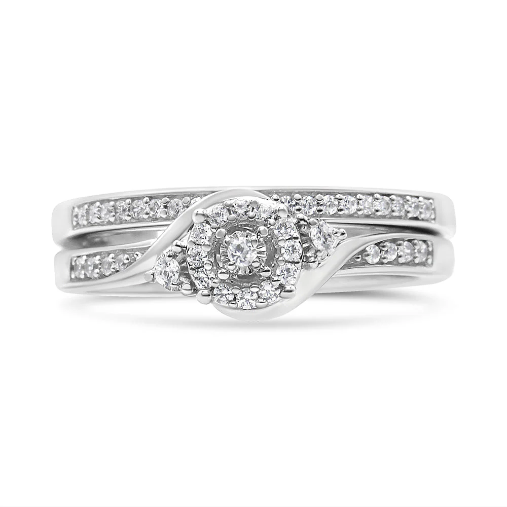 .925 Sterling Silver 1/4 Cttw Diamond Halo and Swirl Engagement Ring and Wedding Band Set (I-J Color, I3 Clarity)- Ring Size 7 - Image 4