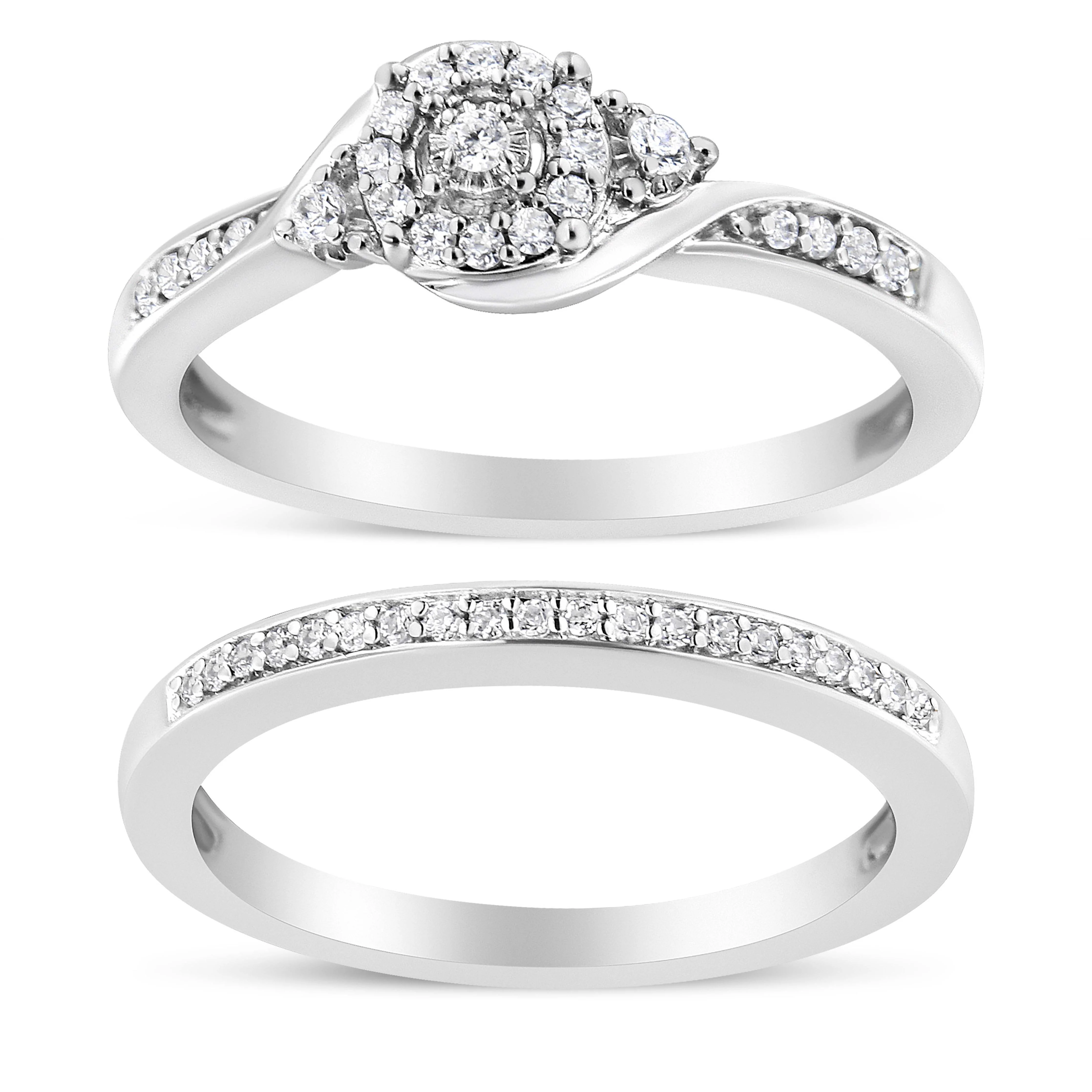 .925 Sterling Silver 1/4 Cttw Diamond Halo and Swirl Engagement Ring and Wedding Band Set (I-J Color, I3 Clarity)- Ring Size 7 - Image 5