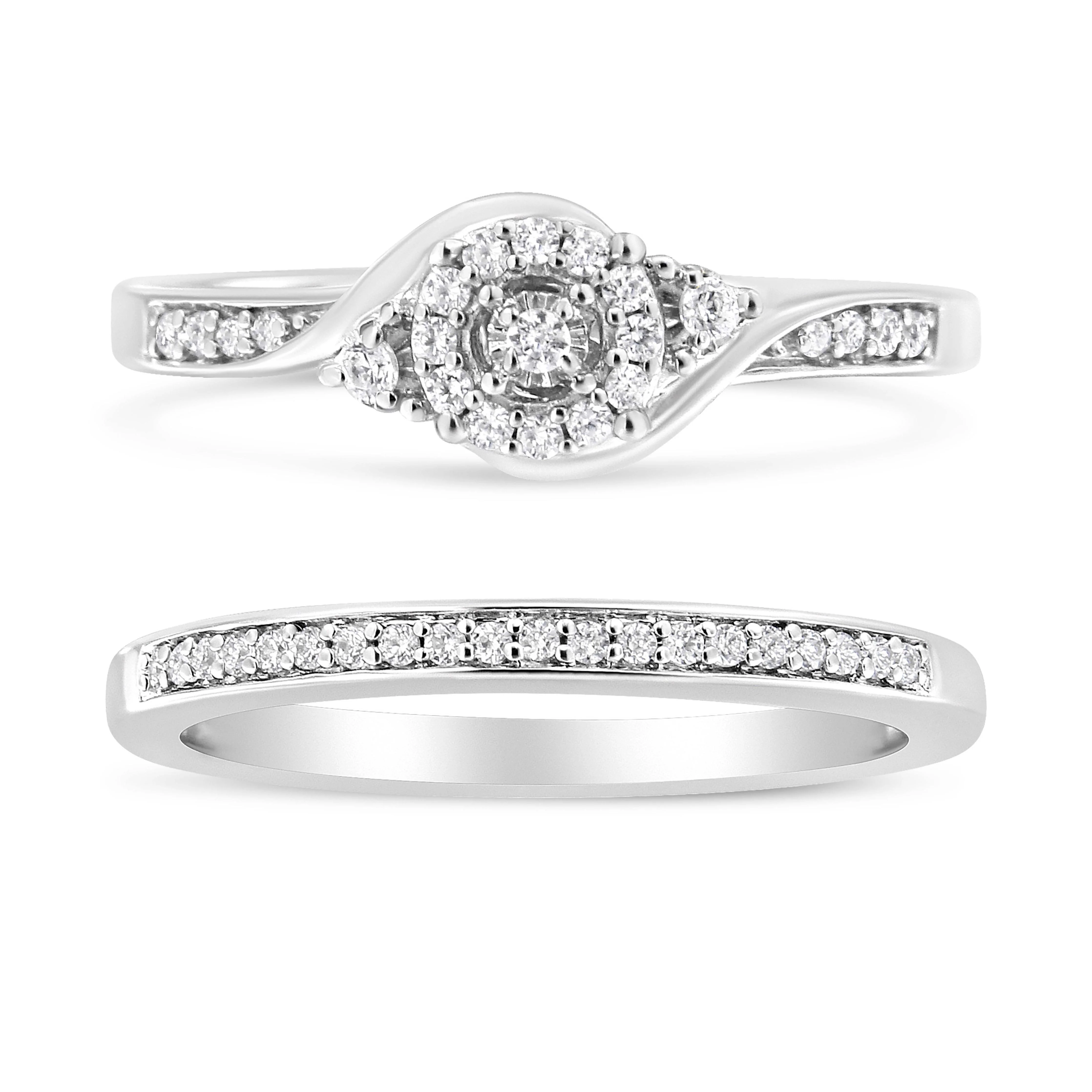 .925 Sterling Silver 1/4 Cttw Diamond Halo and Swirl Engagement Ring and Wedding Band Set (I-J Color, I3 Clarity)- Ring Size 7 - Image 6